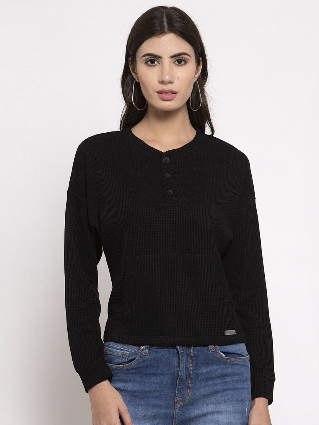 

Global Republic Women Solid Knits Round Neck Top, Black