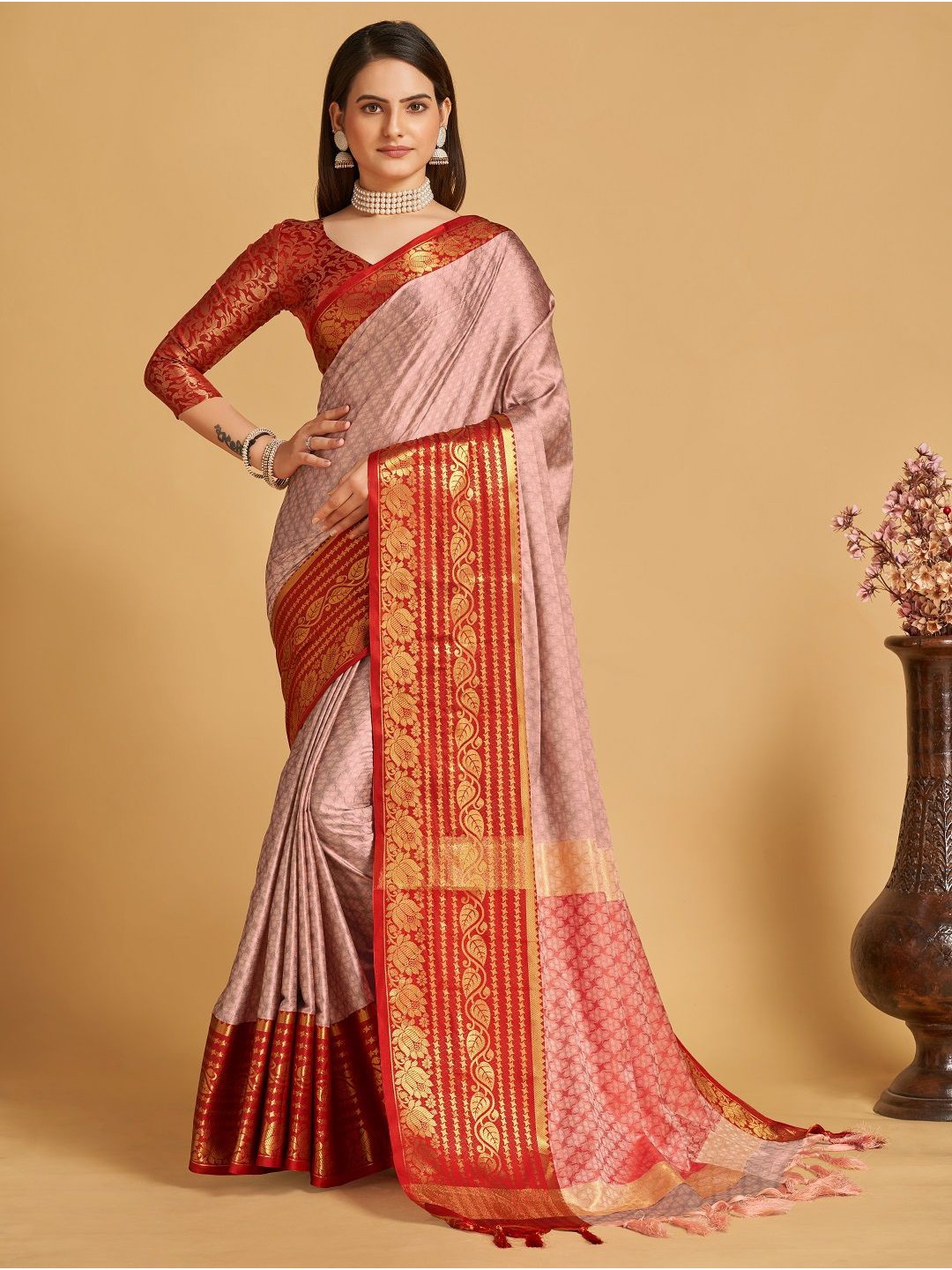 

LEOSAGI Ethnic Motifs Zari Pure Silk Banarasi Saree, Peach