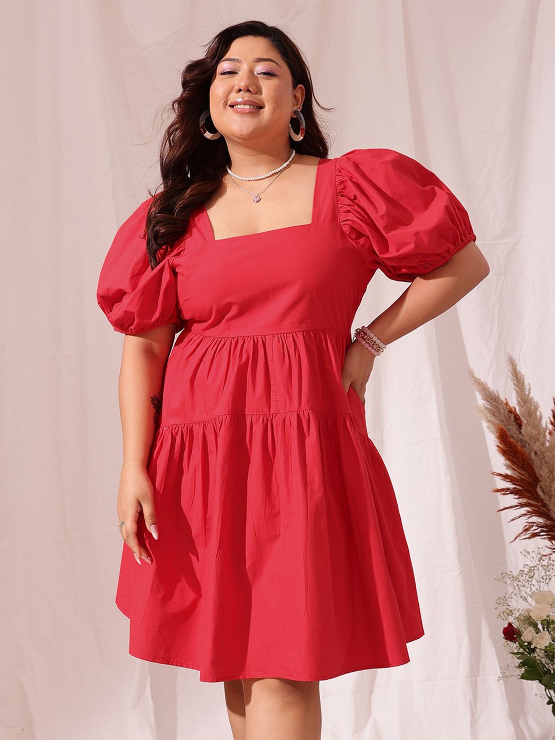 

CURVY STREET Plus Size Puff Sleeve Pure Cotton Tiered A-Line Dress, Red