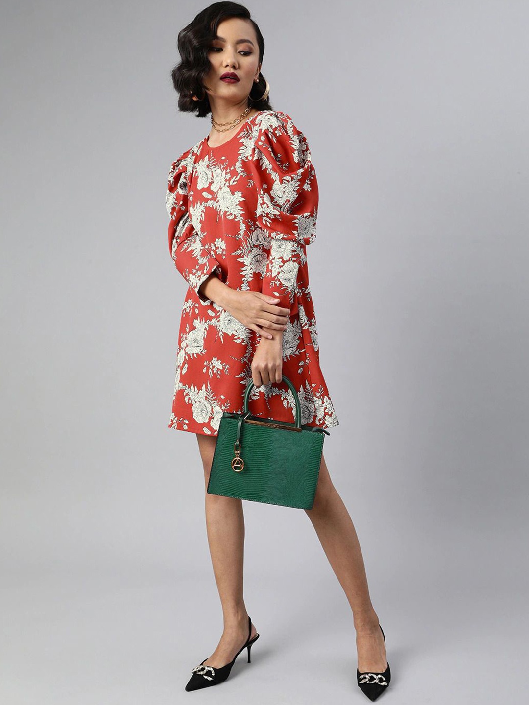 

Sera Floral Print Puff Sleeve Crepe A-Line Dress, Red