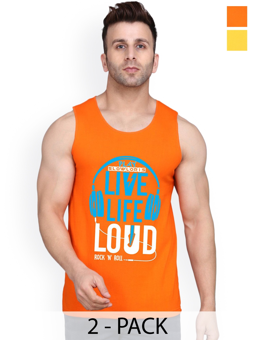 

SLOWLORIS Pack Of 2 Men Printed Gym Vests, Orange