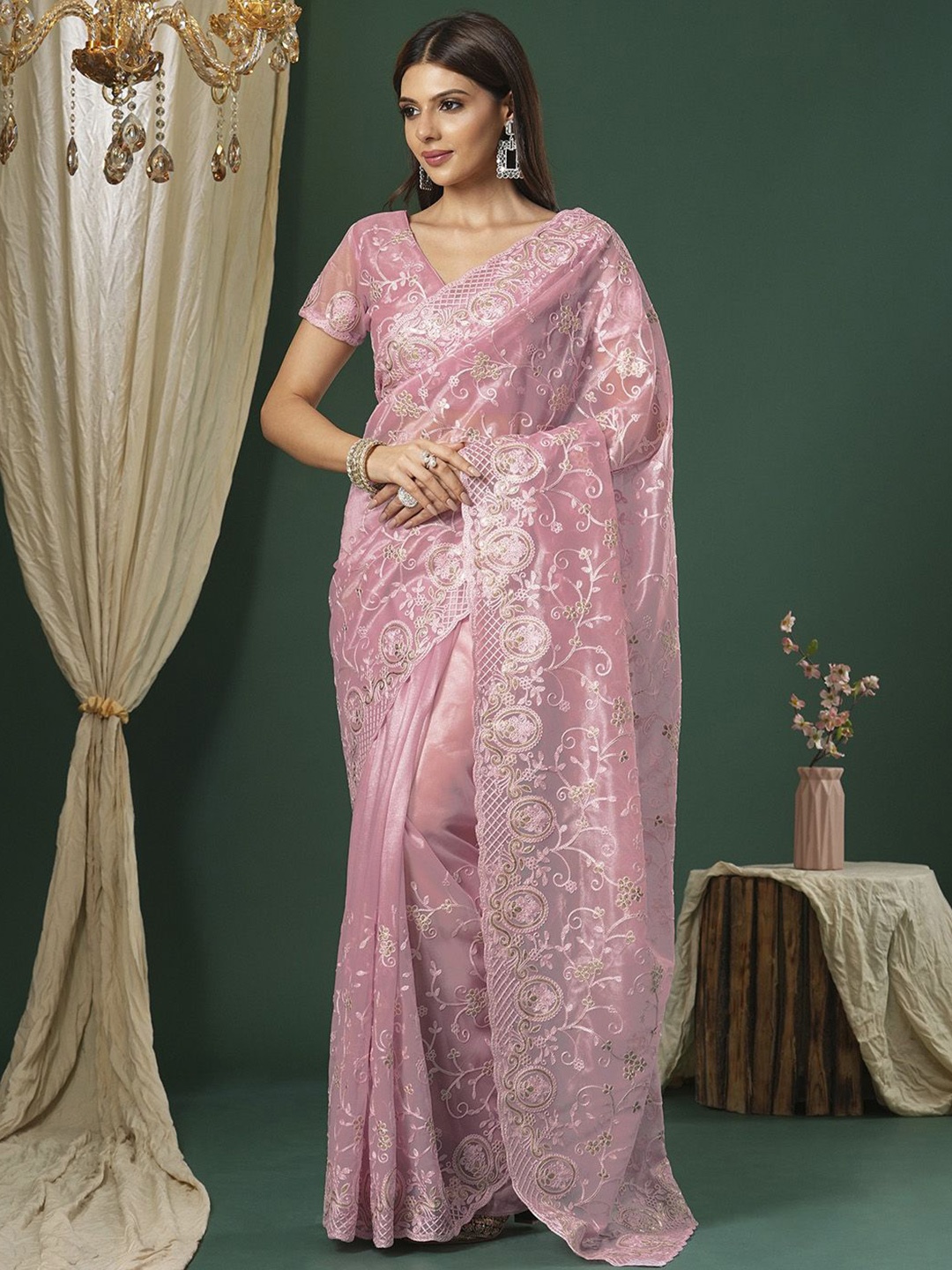 

Saree mall Embroidered Embellished Organza Saree, Pink