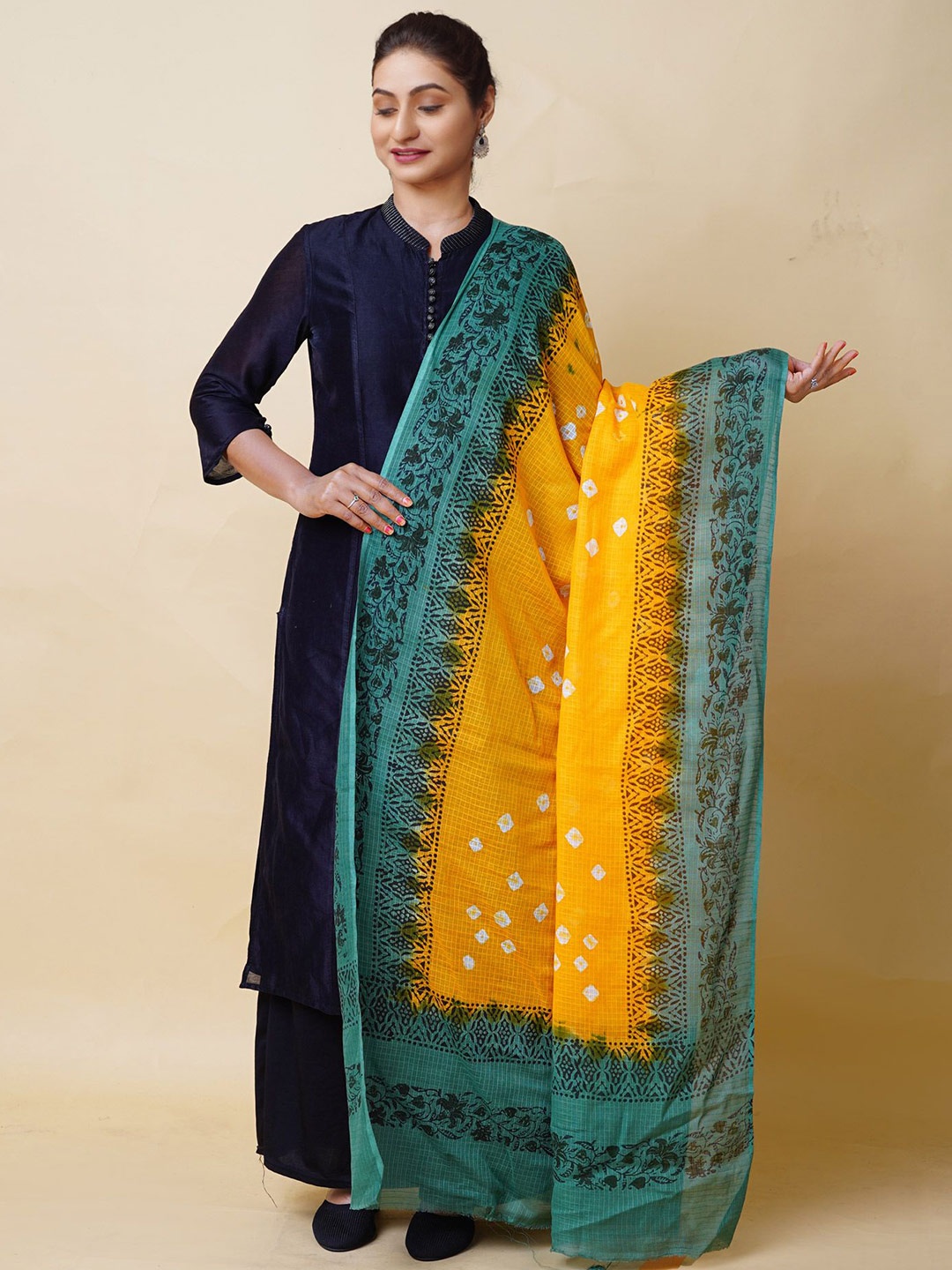 

Unnati Silks Bandhani Dyed Cotton Silk Ethnic Motifs Block Printed Kota Dupatta, Yellow