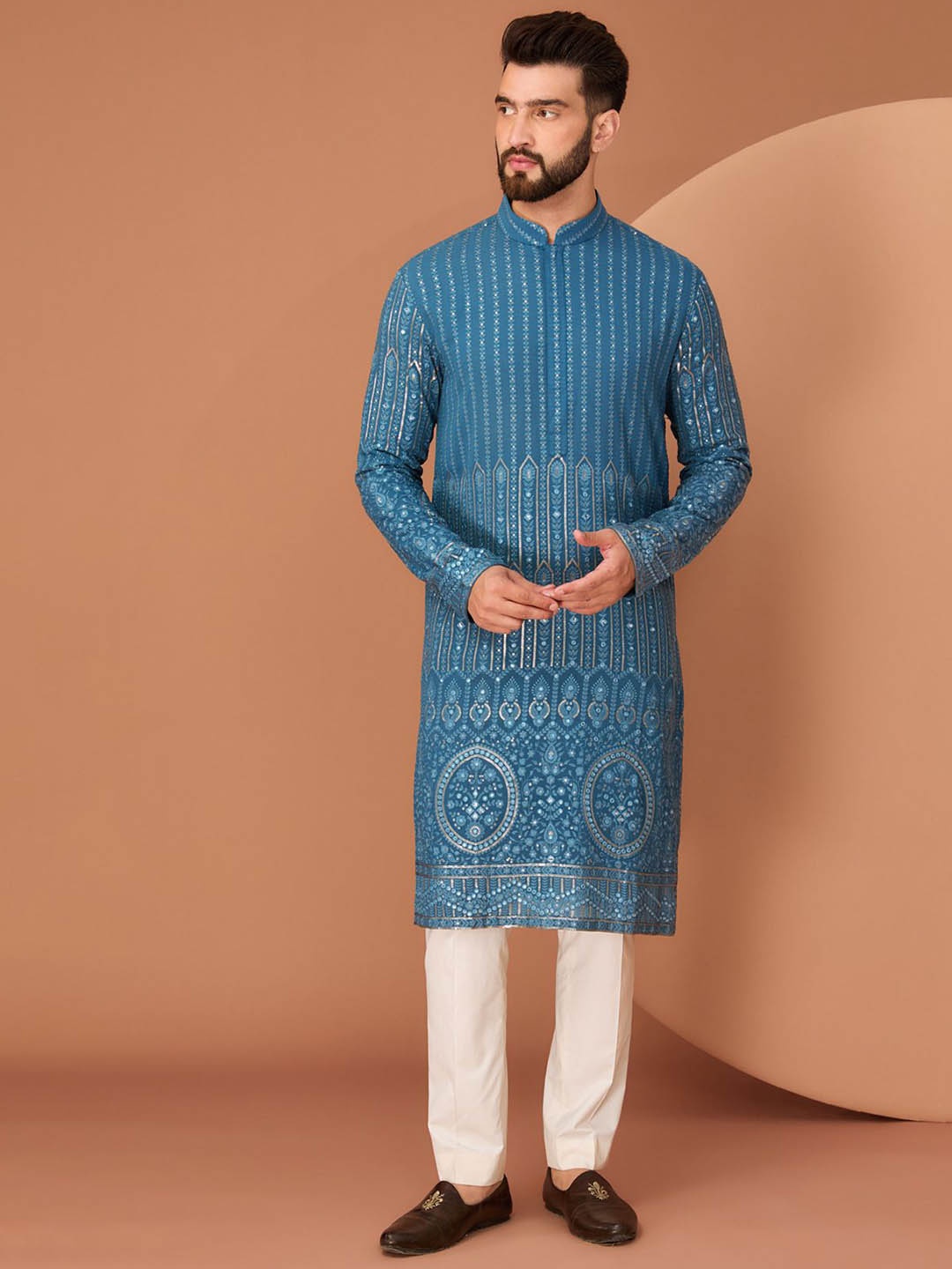 

KASBAH CLOTHING NISHCHAIY SAJDEH Striped Mandarin Collar Sequins Georgette Straight Kurta, Blue