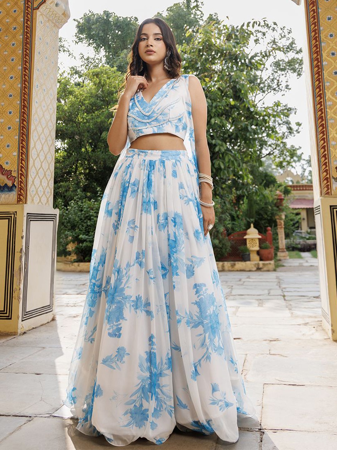 

Ragavi Floral Printed Ready to Wear Lehenga & Blouse With Dupatta, Blue