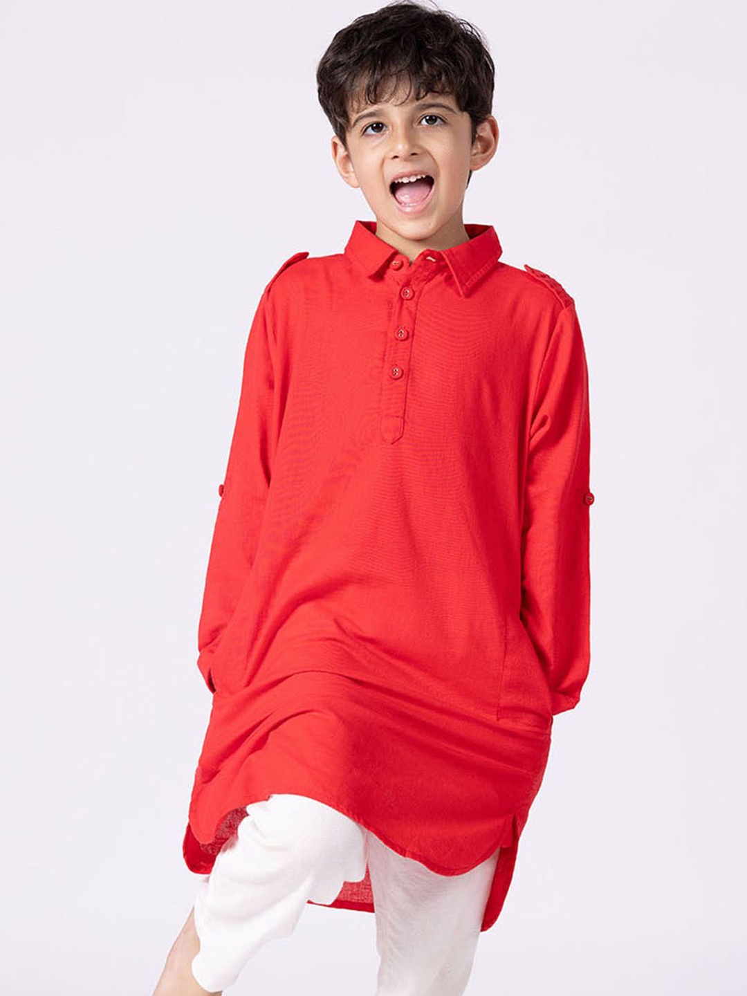 

Somersault Boys Shirt Collar Roll-Up Sleeves Pure Cotton Pathani Kurta, Red