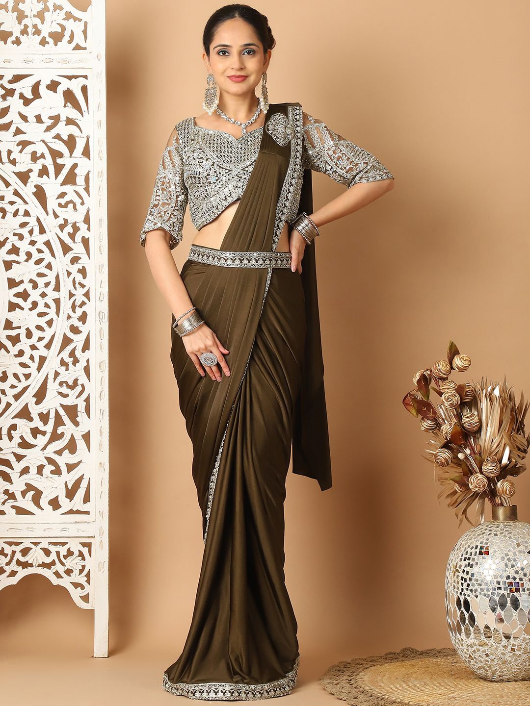 

Grancy Embroidered Ready to Wear Saree, Olive