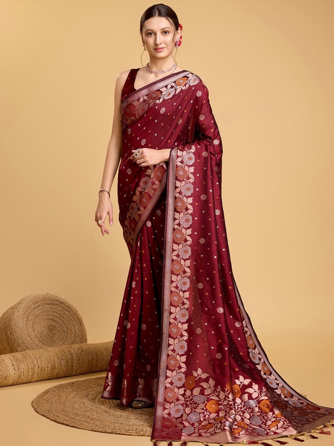 

LEOSAGI Floral Zari Pure Silk Banarasi Saree, Maroon