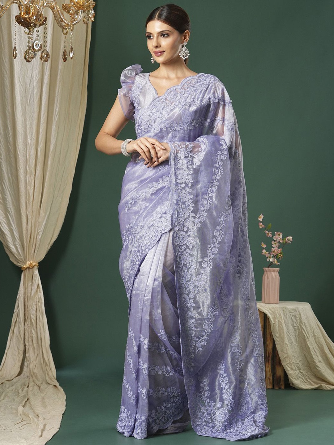 

Saree mall Floral Gotta Patti Organza Sarees, Lavender