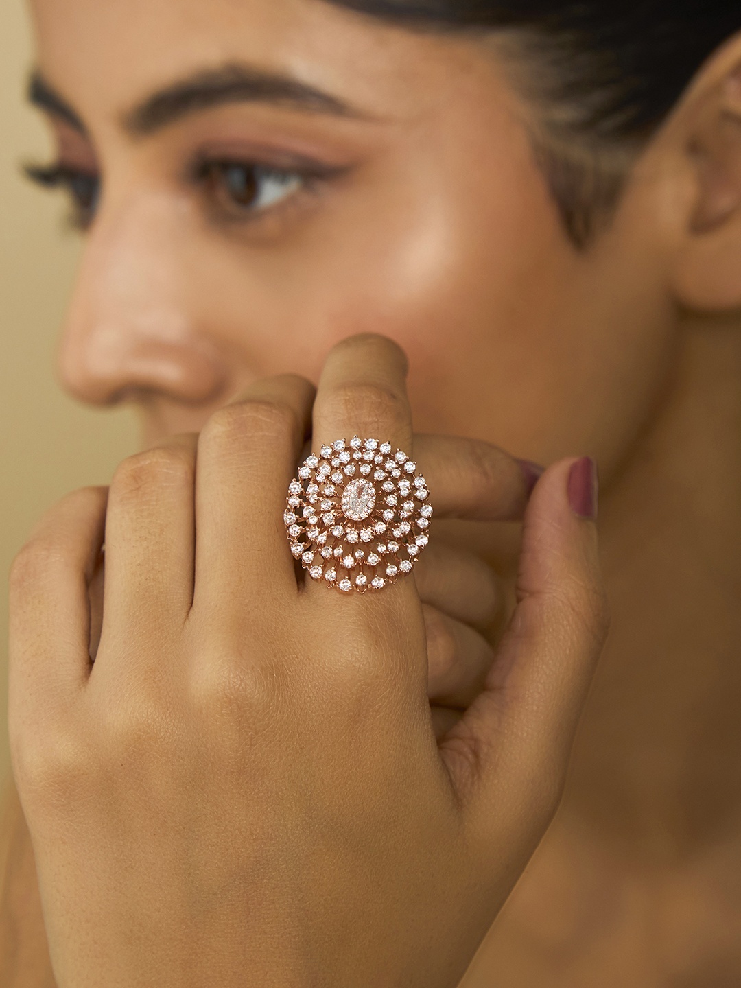 

Kushal's Fashion Jewellery Rose Gold-Plated Cubic Zirconia-Studded Finger Ring