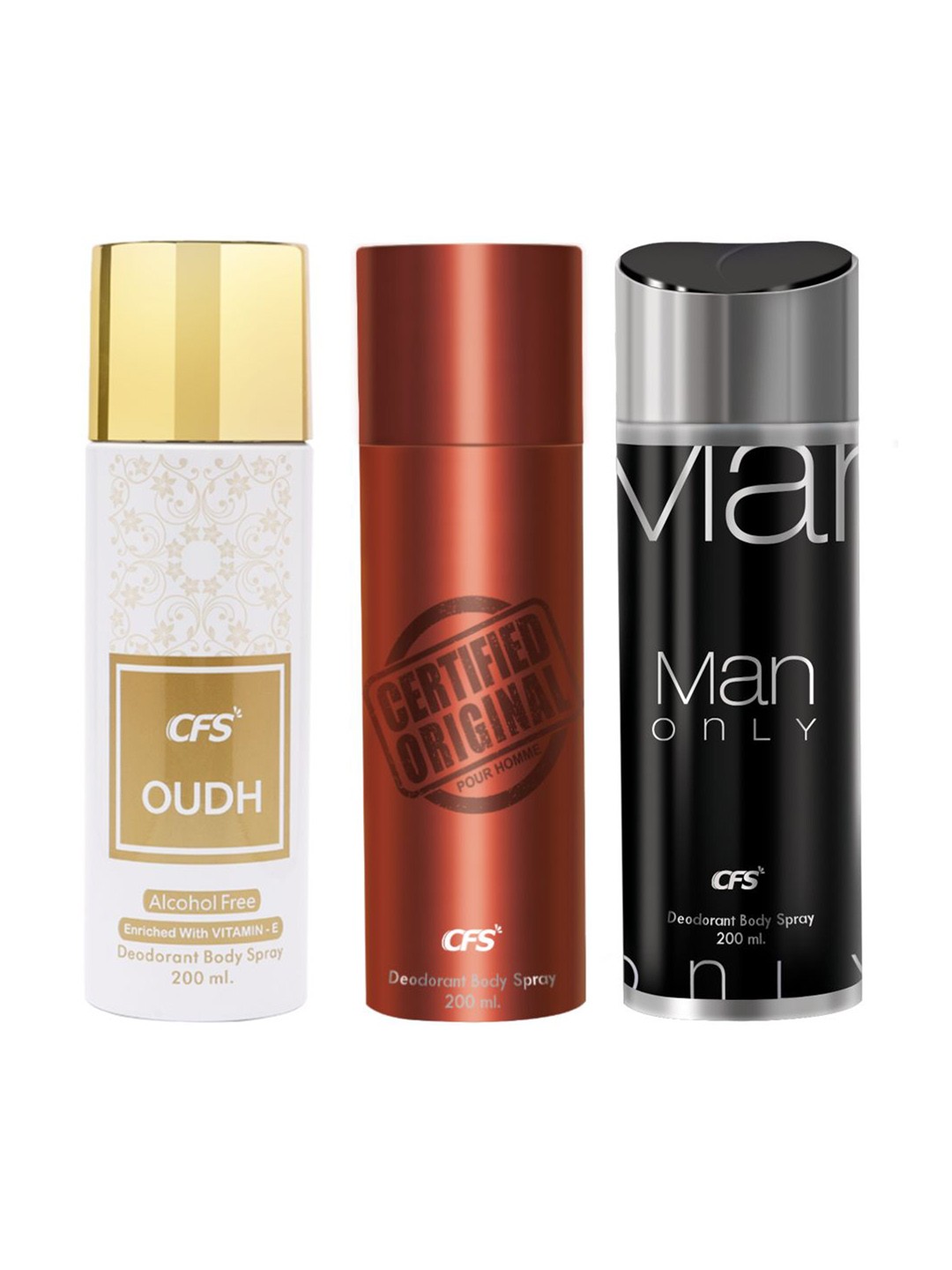 

CFS Set Of 3 Certified Original, Man Only & Oudh Long Lasting Deodorant Spray - 200ml Each, Black