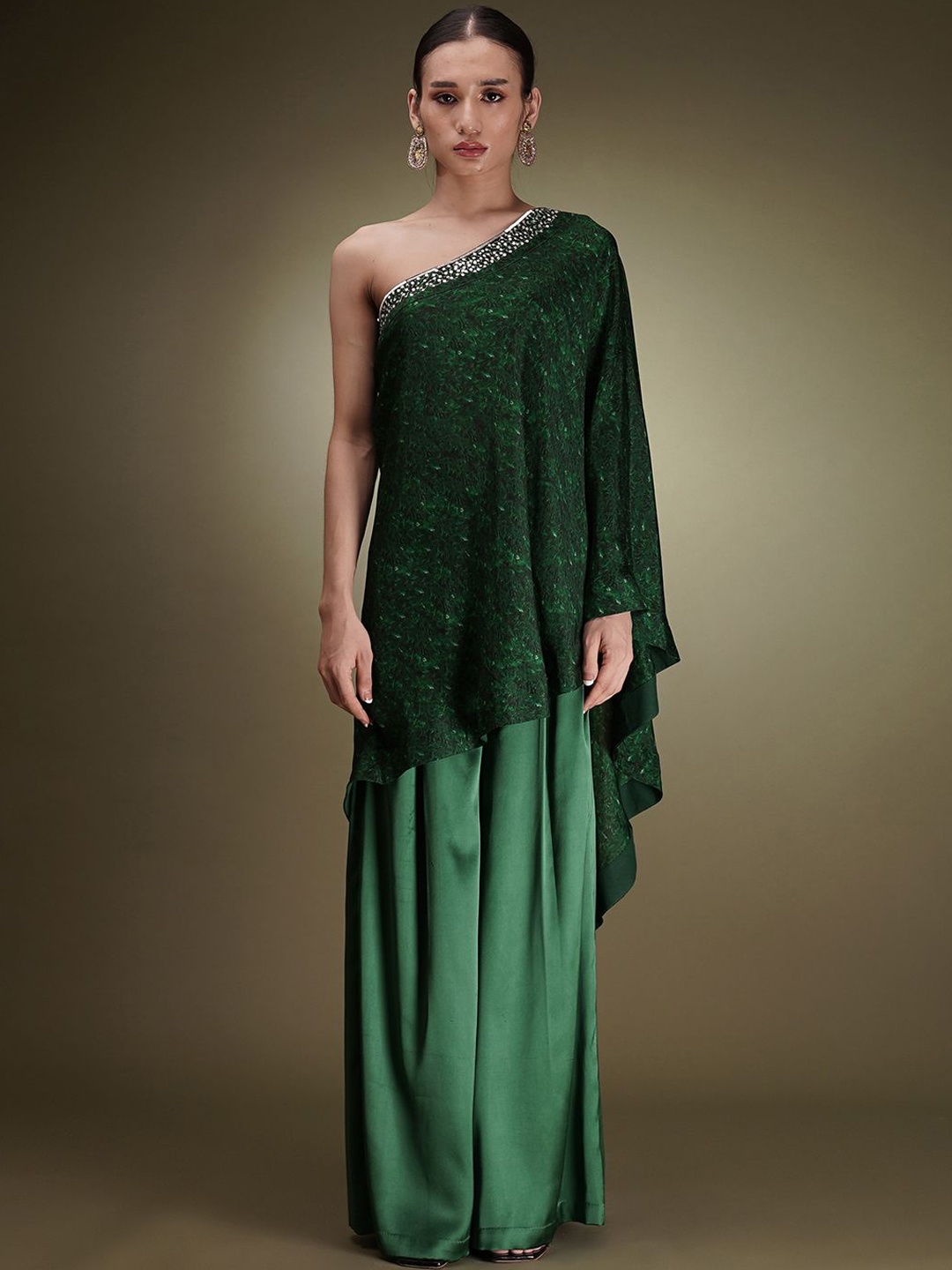 

Breathe by Aakanksha Singh Printed Sequinned One Shoulder Silk Georgette Top With Palazzo, Green