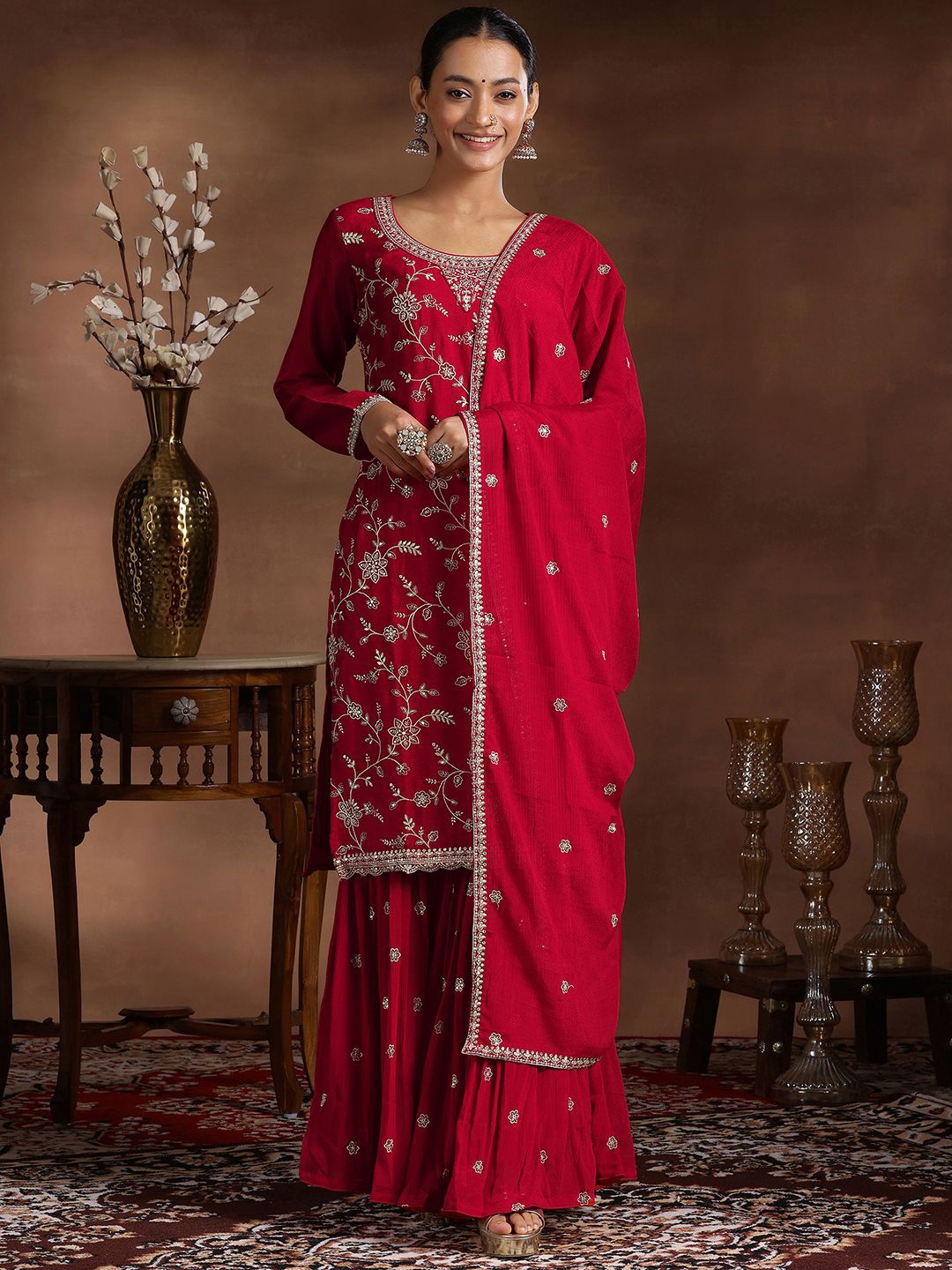 

Libas Floral Embroidered Sequinned Straight Kurta With Sharara & With Dupatta, Red