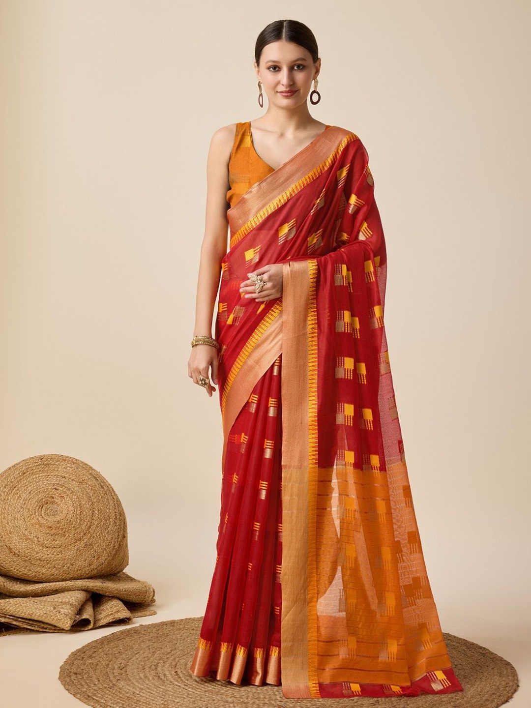 

LEOSAGI Woven Design Zari Silk Cotton Kota Saree, Red