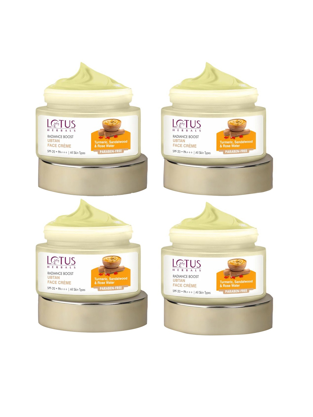 

Lotus Herbals Set Of 4 SPF 20 & PA+++ Radiance Boost Ubtan Face Cream- 50g Each