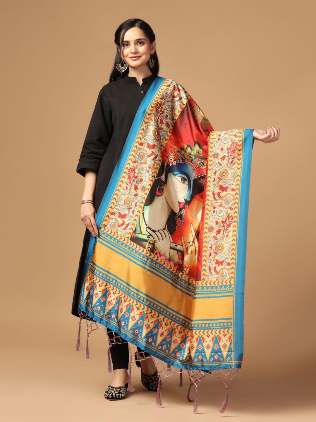 

Kaizen TEXO FAB Radha Krishna Ethnic Motifs Printed Silk Dupatta, Red