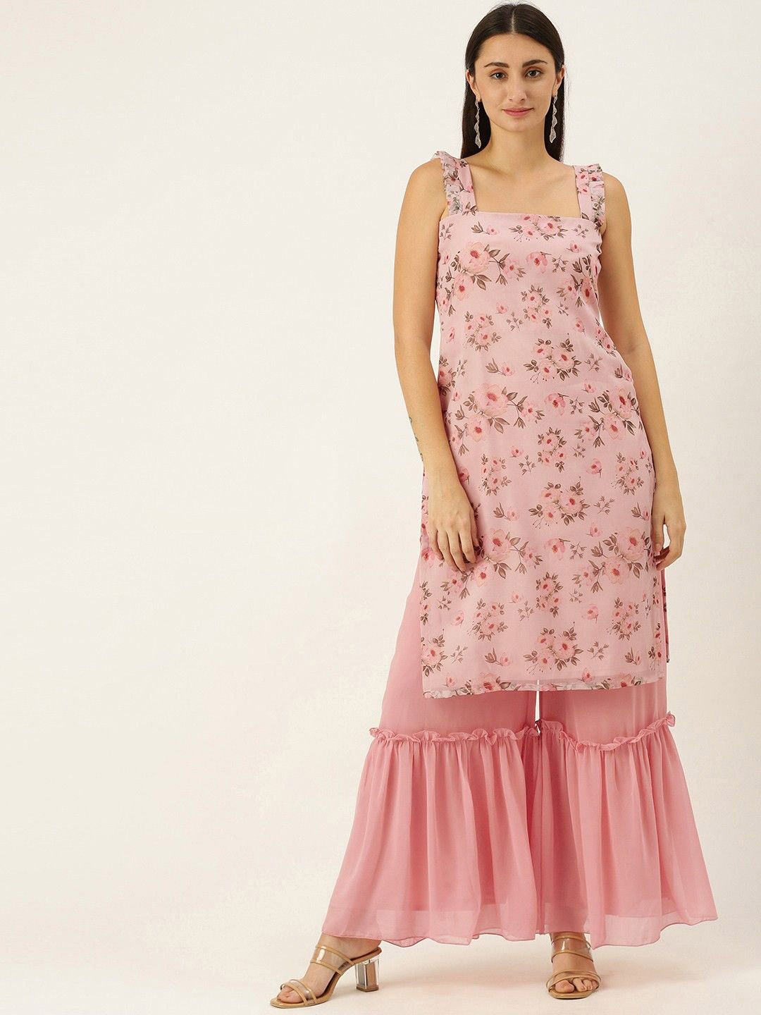 

Ethnovog Floral Printed Sleeveless Straight Kurta With Sharara, Pink