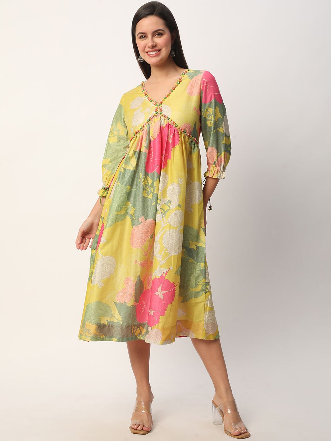 

R&B Floral Printed V-Neck Puff Sleeves Fit & Flare Midi Ethnic Dress, Yellow