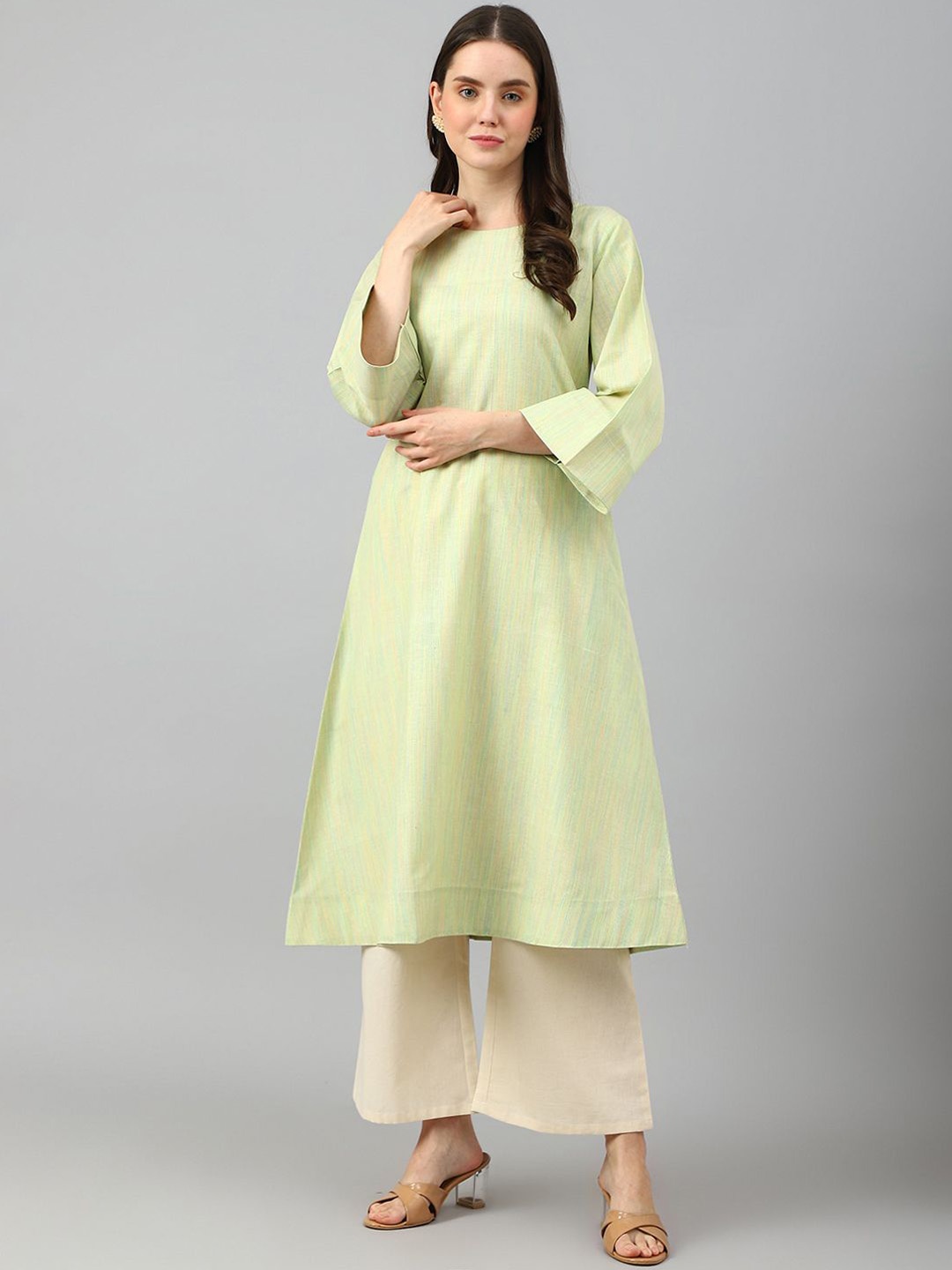 

Shaily Striped Woven Design A-Line Kurta, Green