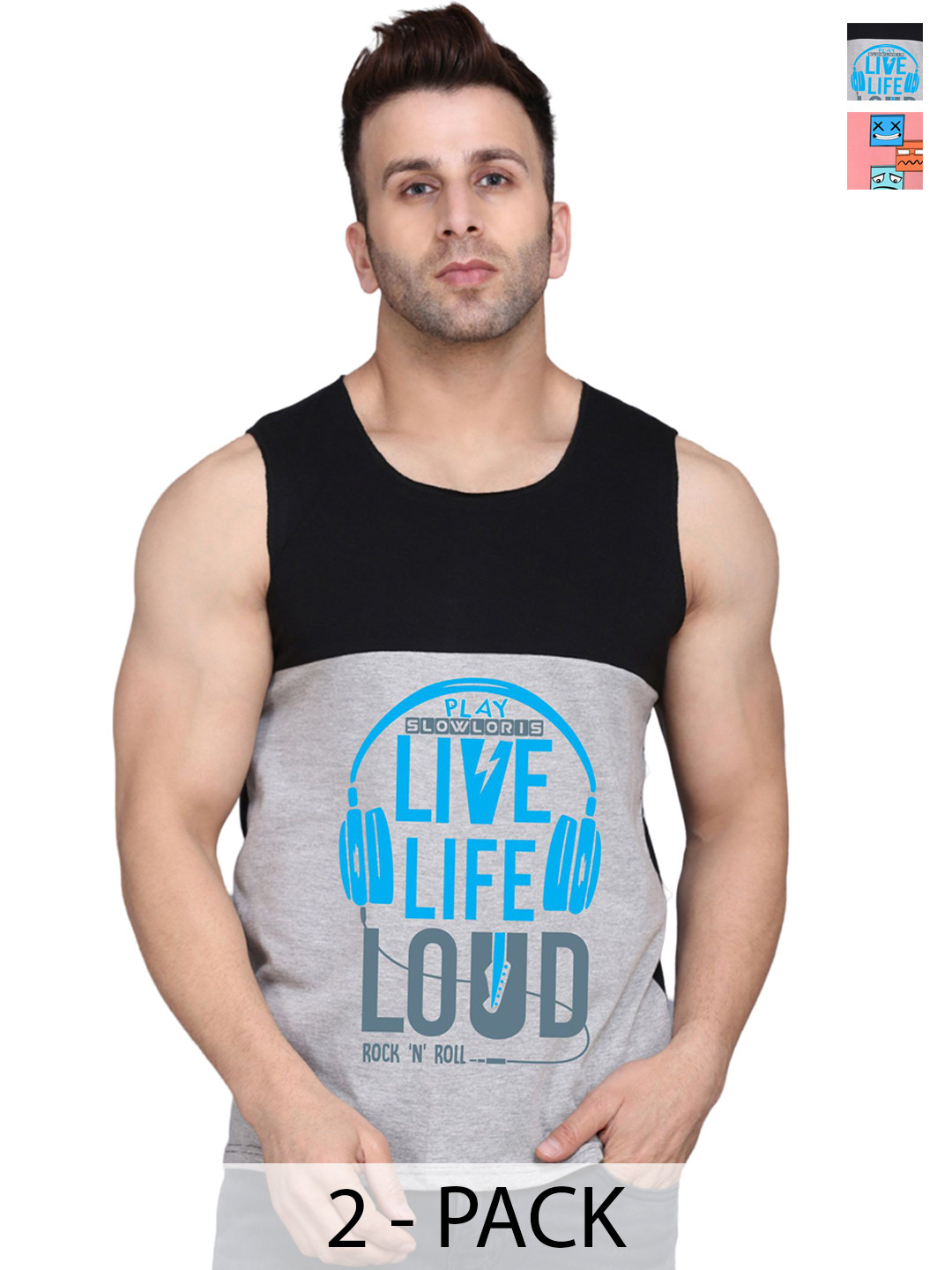 

SLOWLORIS Pack Of 2 Printed Gym Vests SL26 COMBO (LOUD BLKGRY) (JUST PEACH), Black