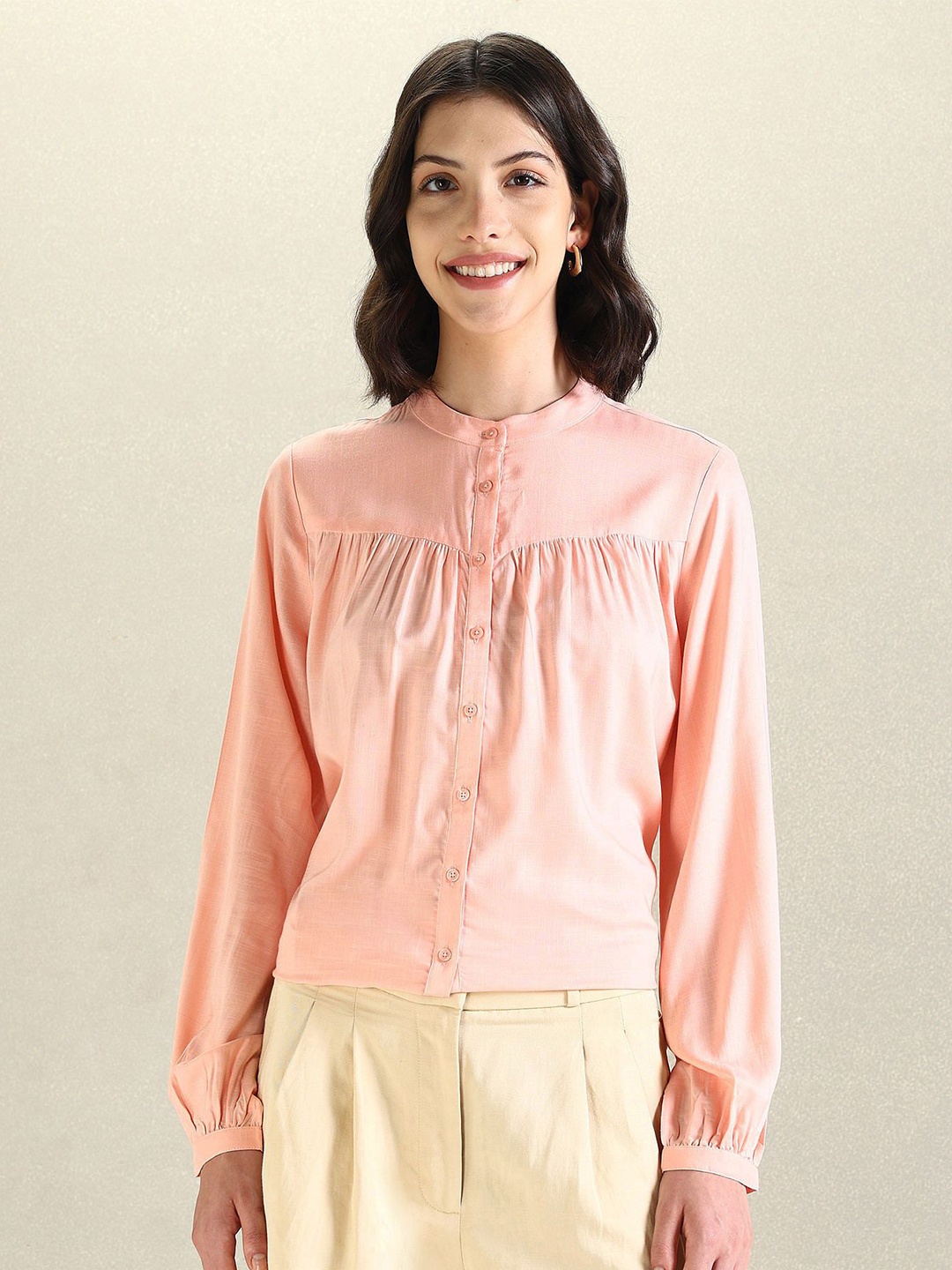 

U.S. Polo Assn. Women Women Band Collar Solid Relaxed Fit Casual Shirt, Peach