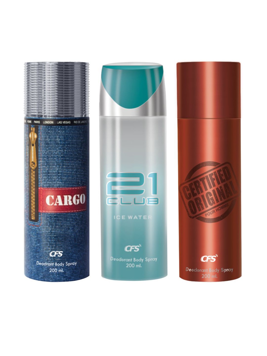 

CFS Cargo Blue, 21 Club Ice Water & Certified Originals Deodorant Body Spray - 200ml Each