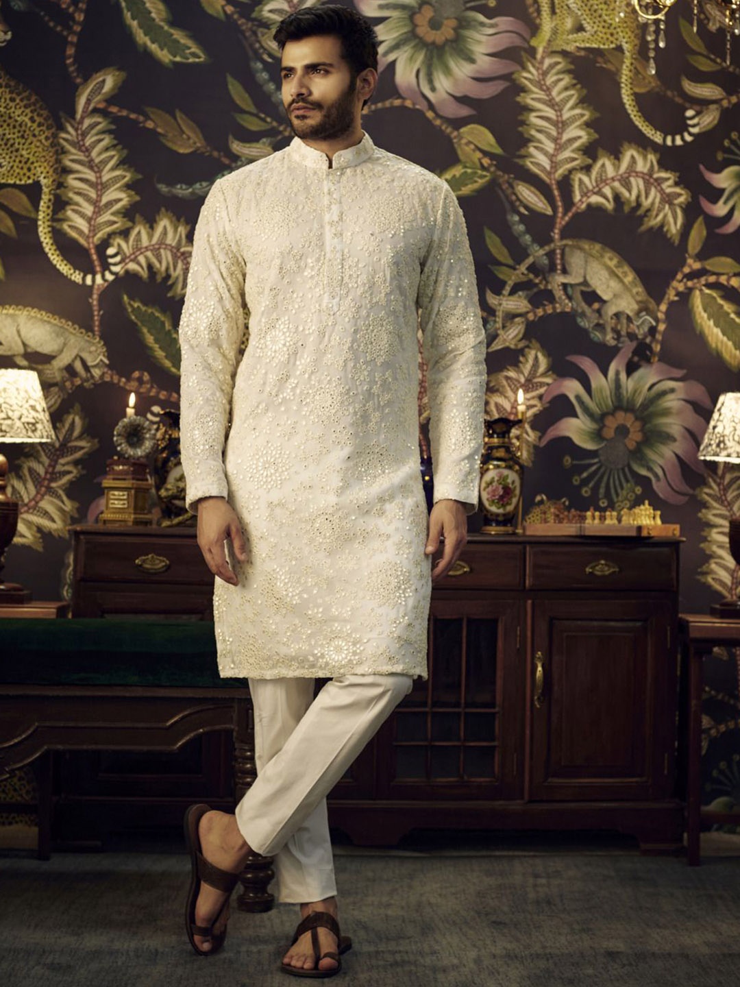 

KASBAH CLOTHING NISHCHAIY SAJDEH Ethnic Motifs Embroidered Straight Kurta, Beige