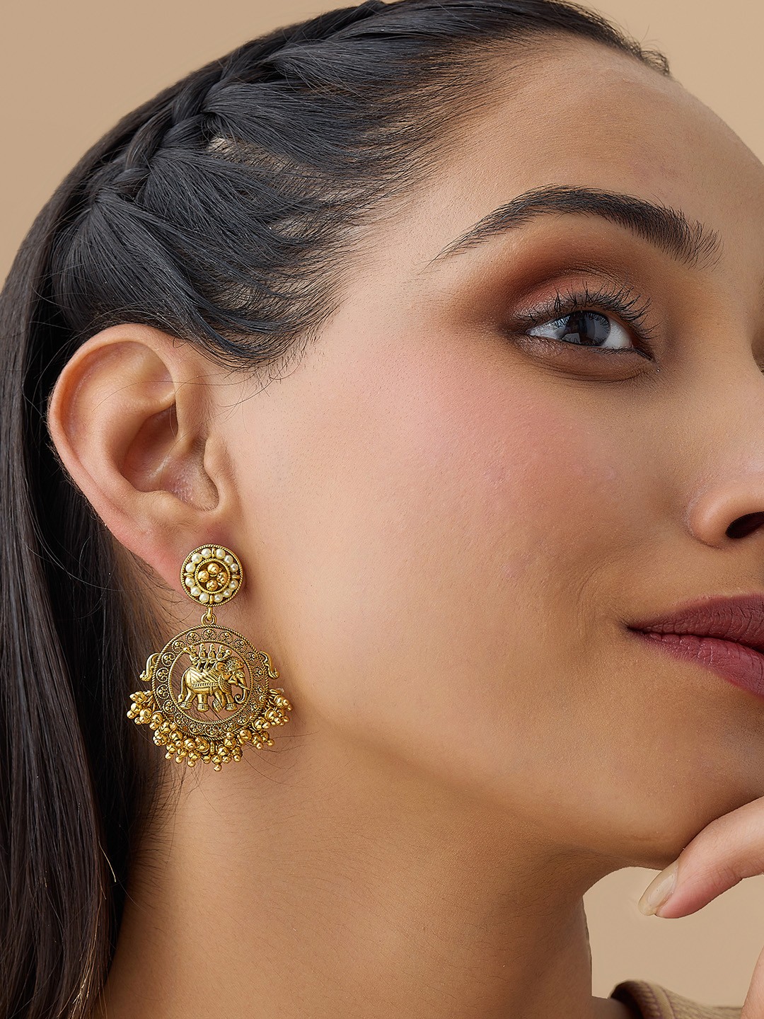 

Kushal's Fashion Jewellery 92.5 Pure Silver Gold-Plated Temple Drop Earrings