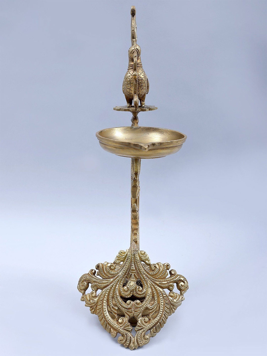 

Exotic India Bronze Designer Hoysala Art Peacock Diya, Gold