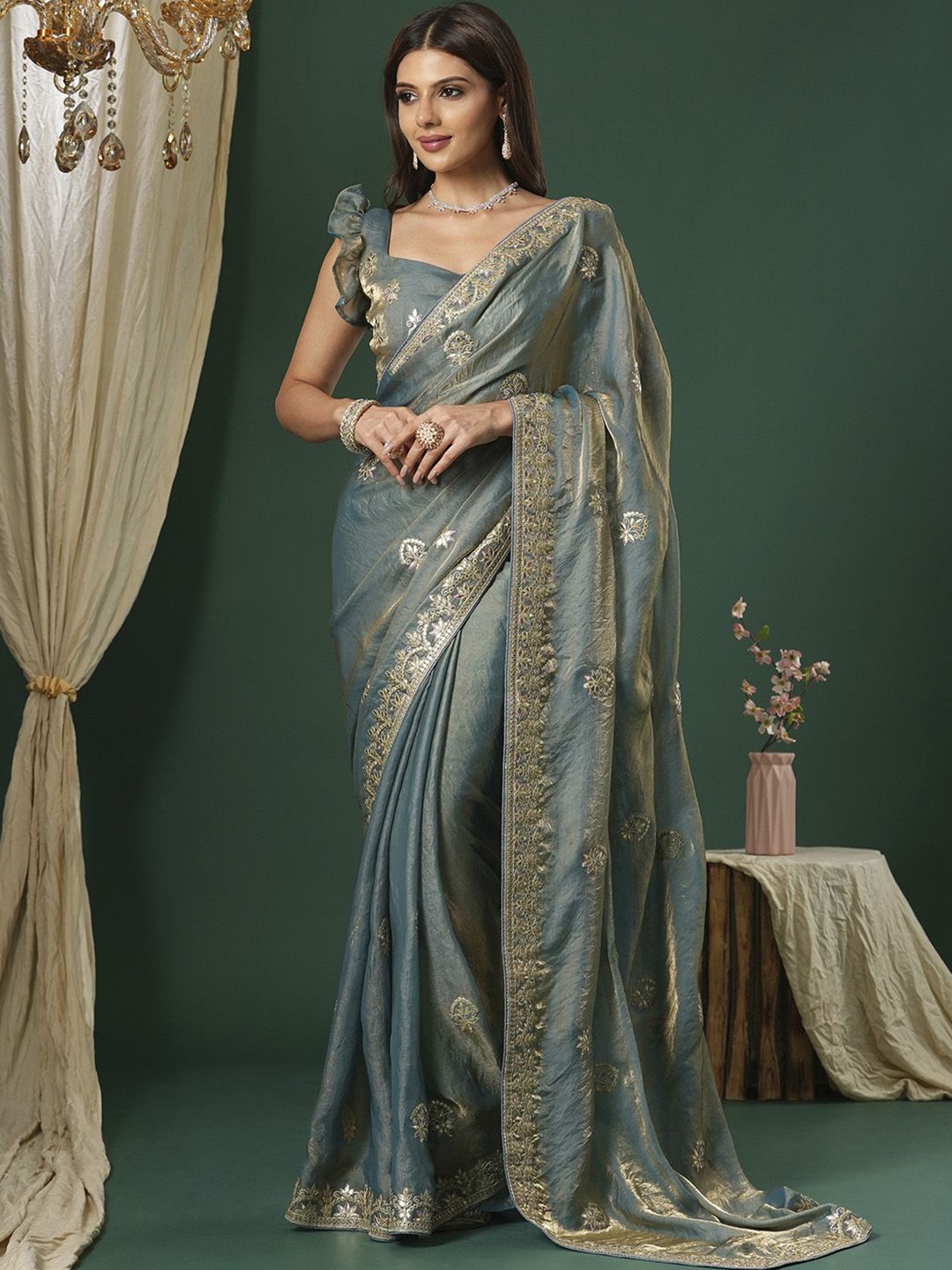 

Saree mall Embellished Gotta Patti Satin Sarees, Teal