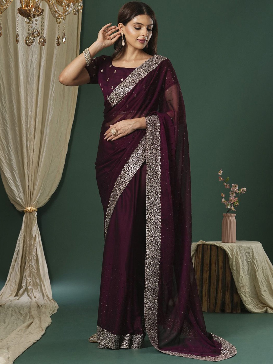 

Saree mall Embellished Beads and Stones Poly Chiffon Sarees, Magenta