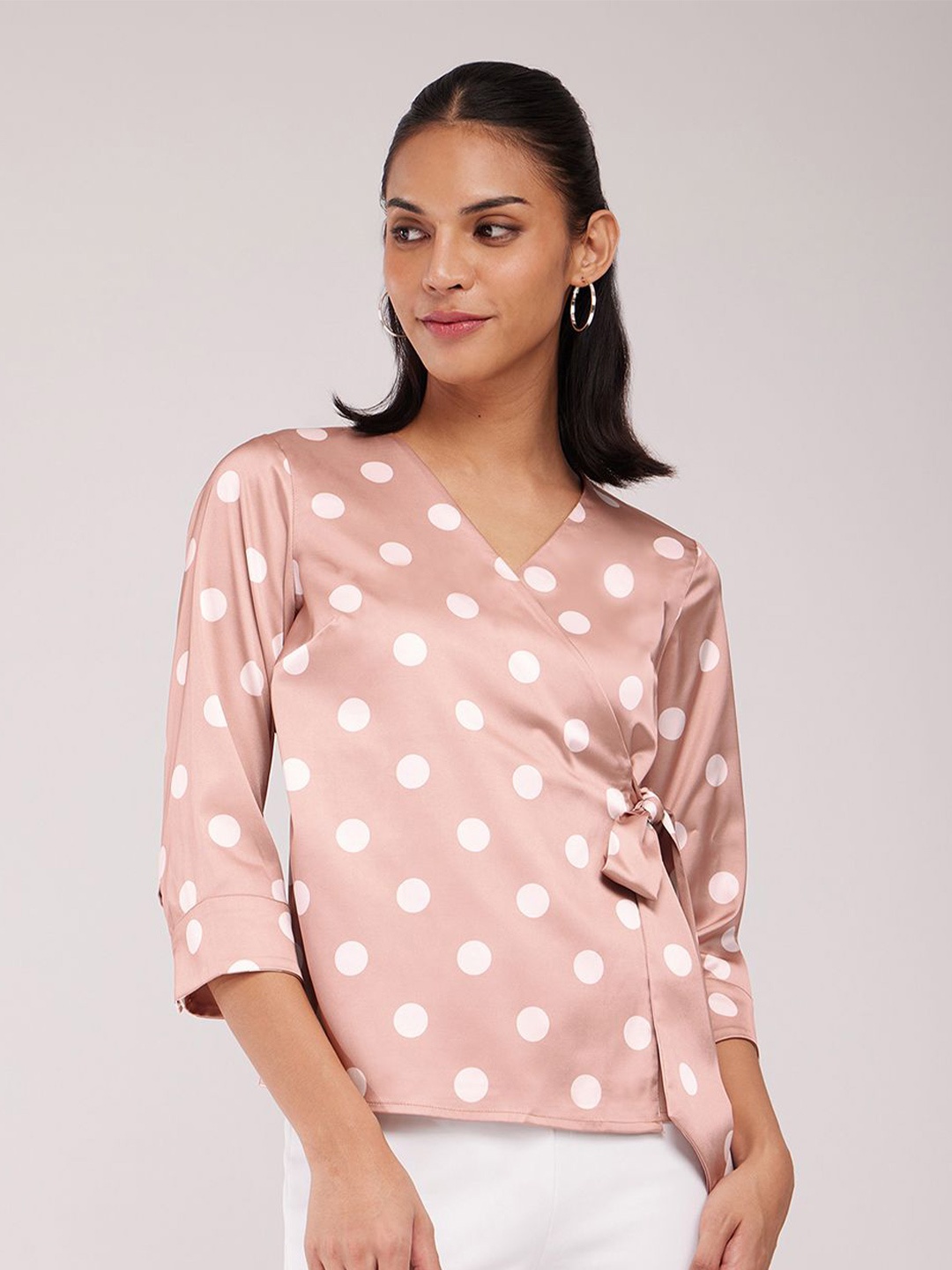 

FableStreet Women Polka Dot Printed V-Neck Wrap Top, Pink