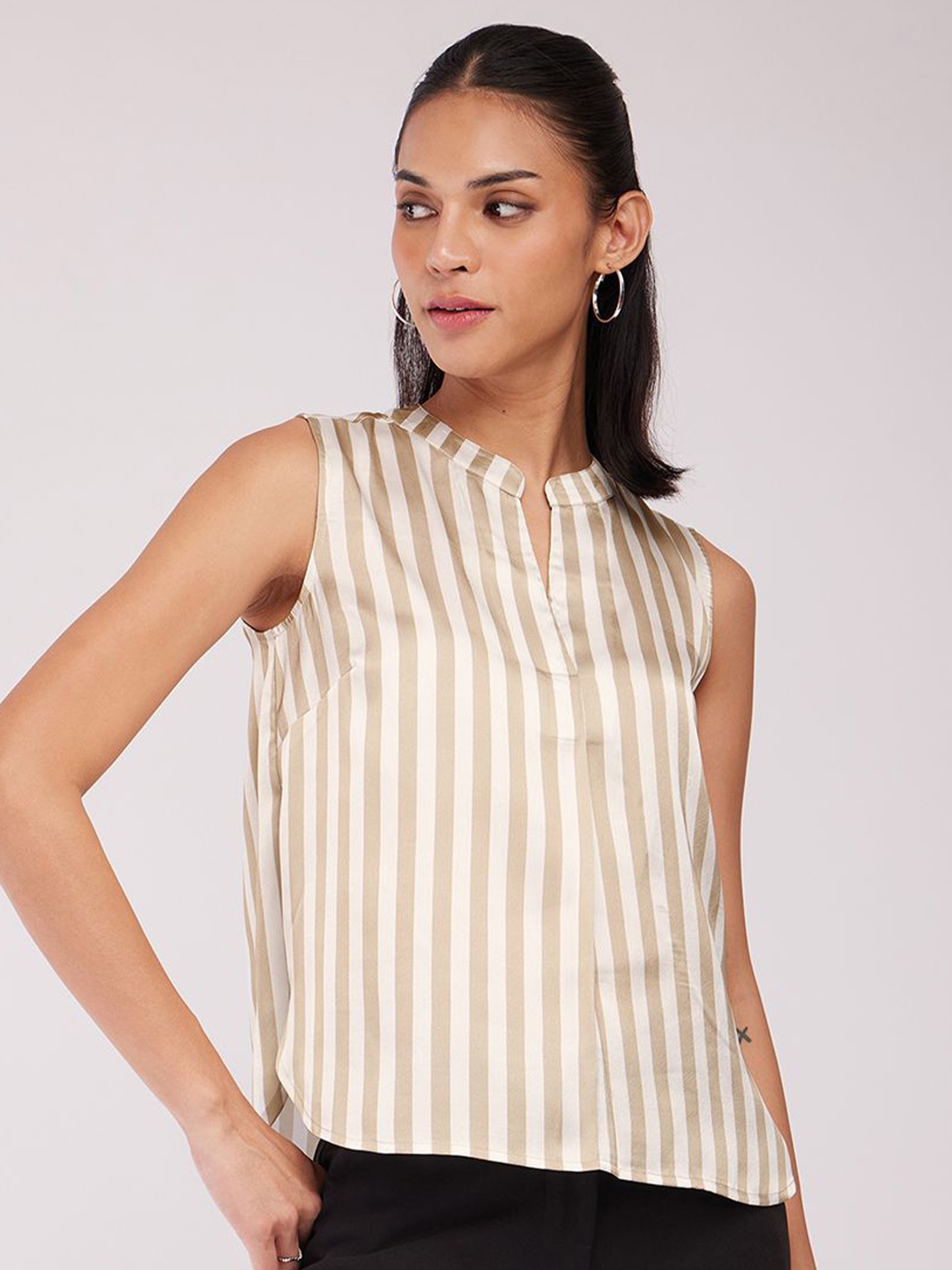 

FableStreet Women Striped Shirt Style Woven Top, Beige