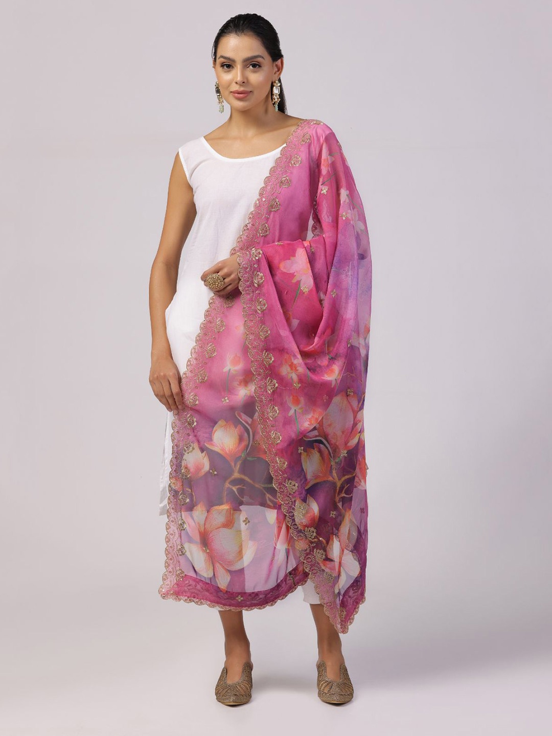 

Kaizen TEXO FAB Floral Printed Organza Sequence Dupatta, Pink