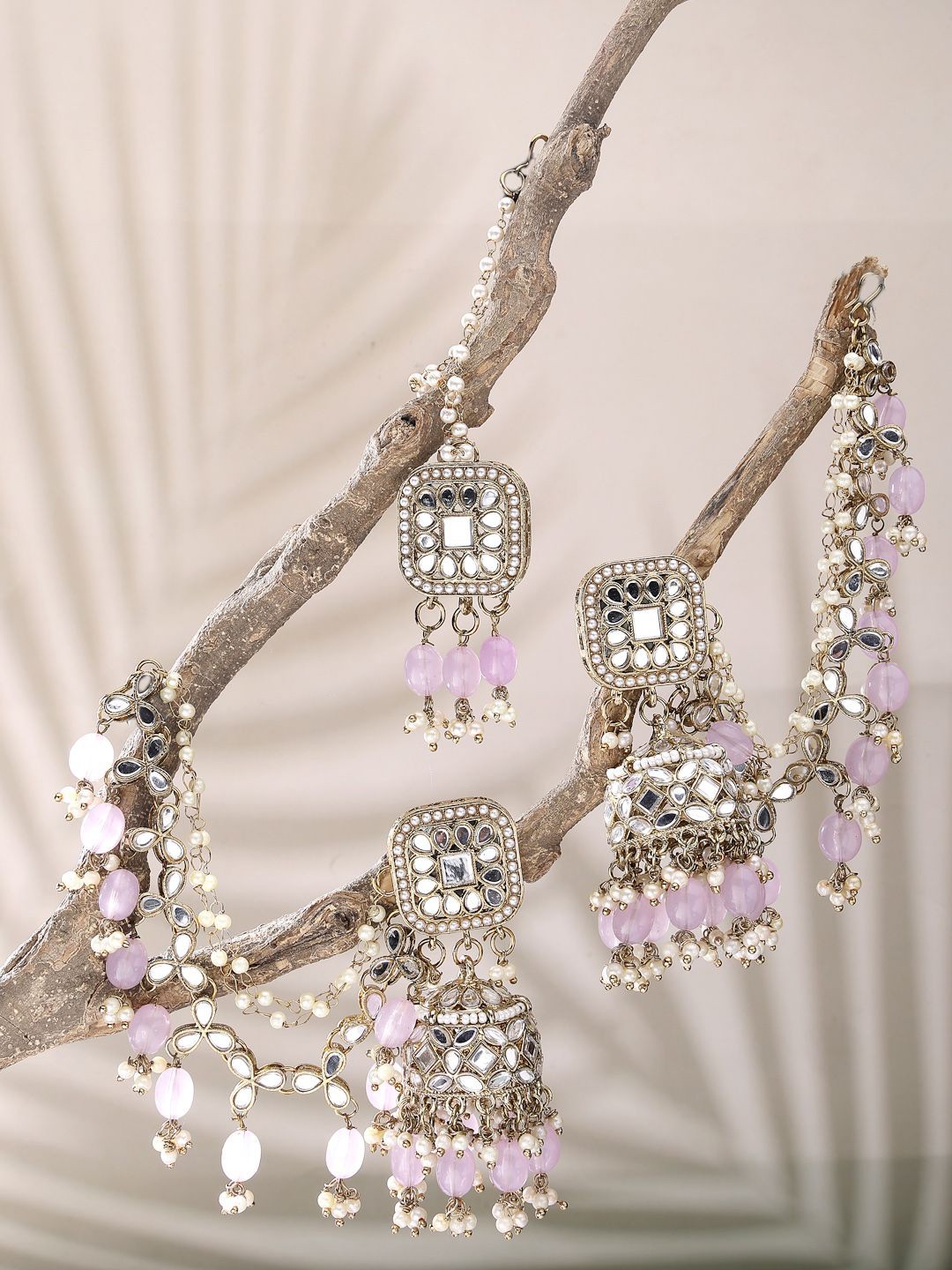 

ZENEME Gold Plated Kundan Studded & Beaded Maang Tika and Earrings