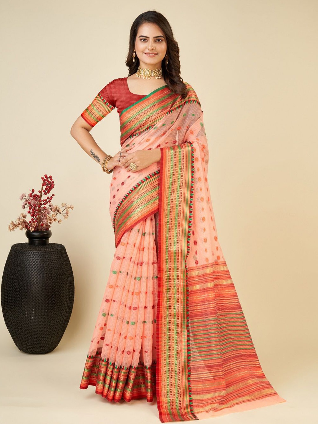 

SHOBHA SAREES Woven Design Zari Silk Cotton Kota Saree, Peach