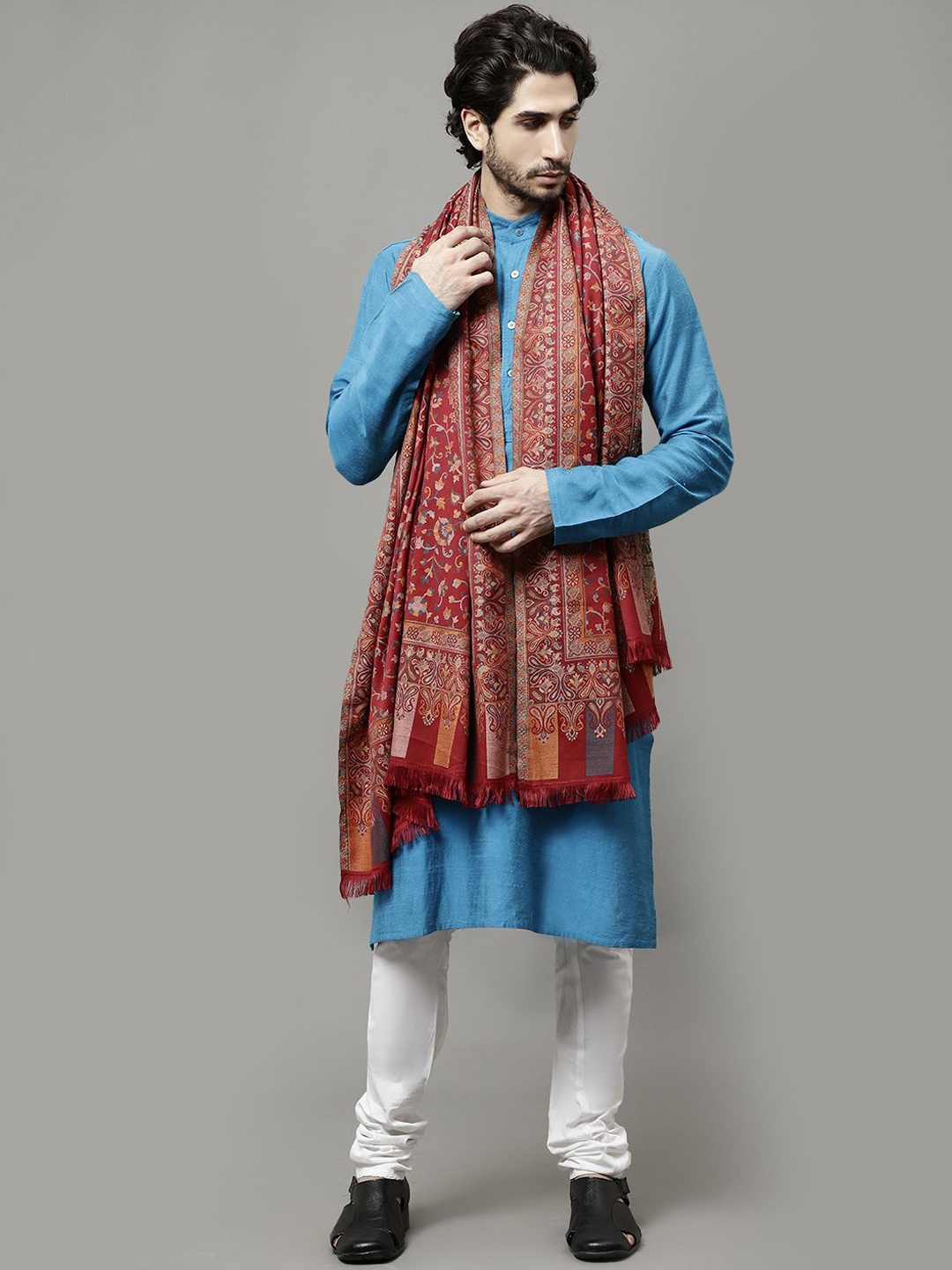 

WEAVERS VILLA Men Ethnic Motifs Printed Shawl, Maroon