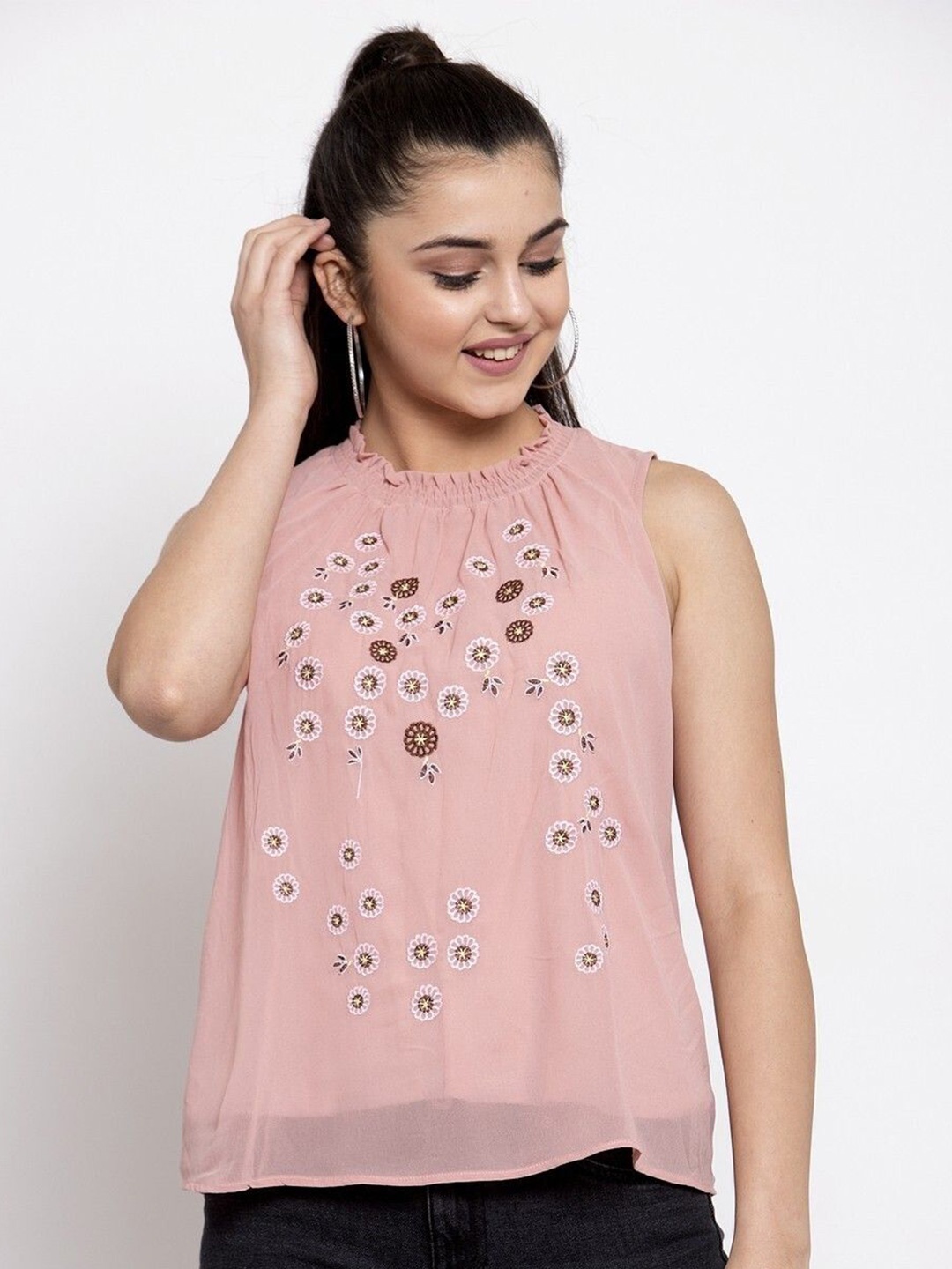 

Global Republic Women Floral Embroidered Round Neck Top, Pink