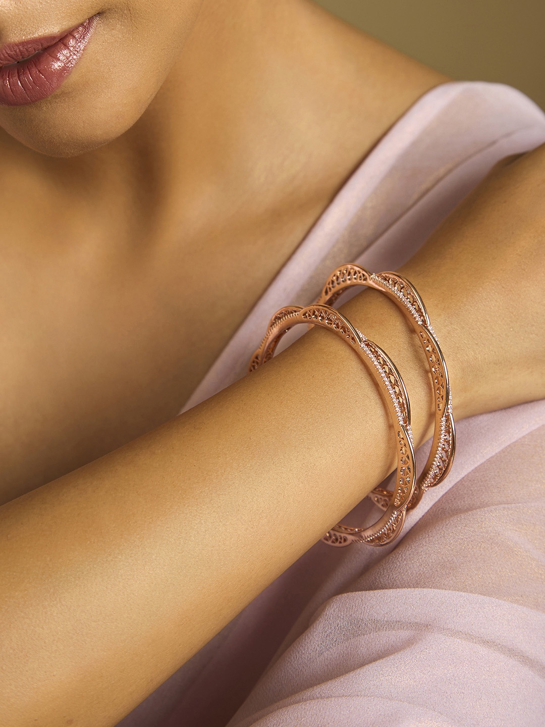 

Kushal's Fashion Jewellery Set Of 2 Rose Gold Plated Zircon Stones Studded Bangles