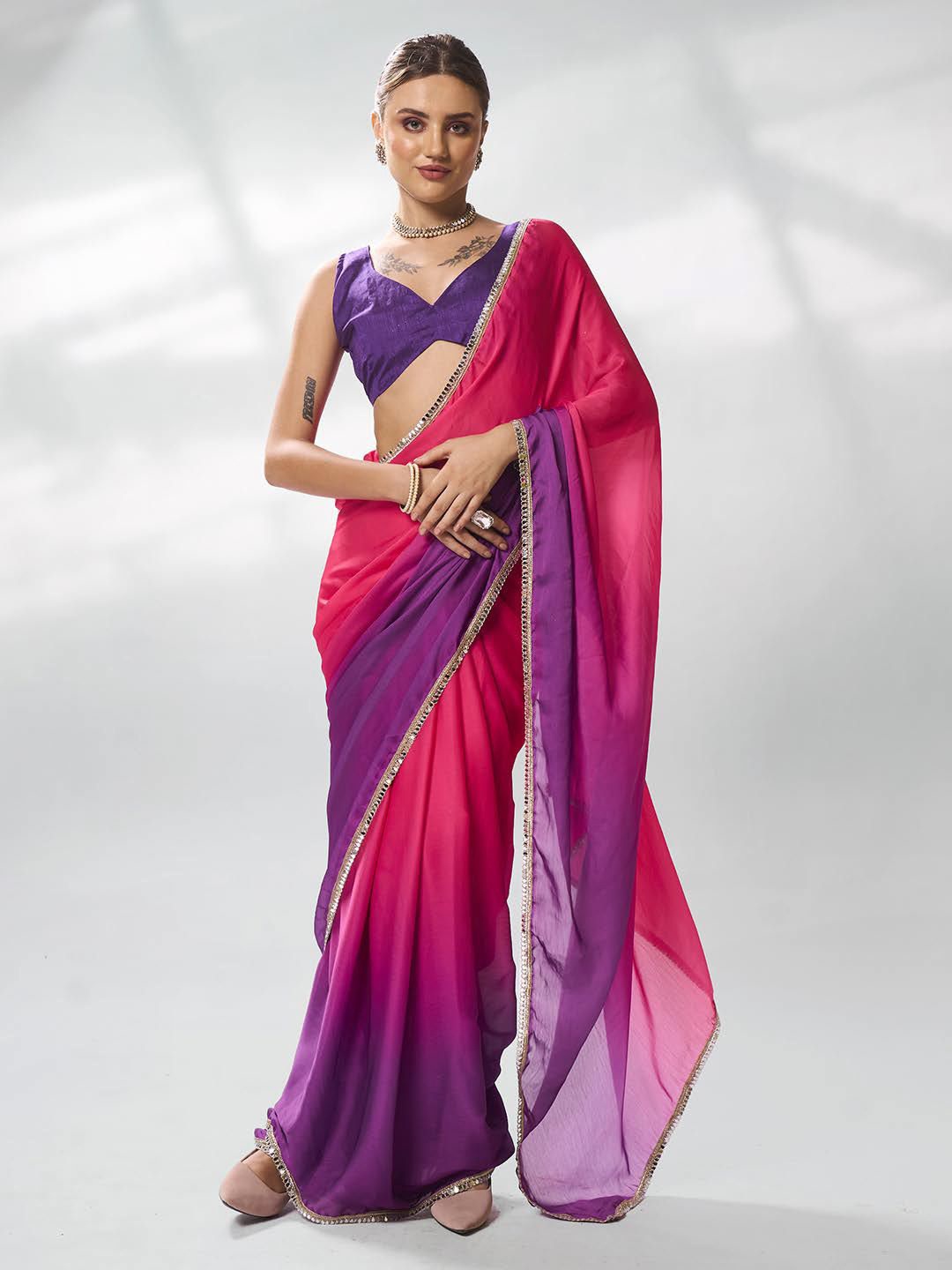

Kalista Ombre Mirror Work Satin Ready to Wear Saree, Pink