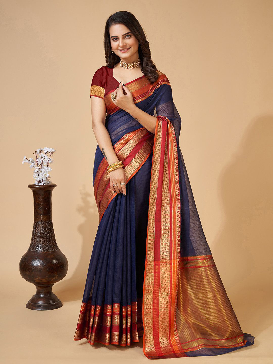 

KALINI Solid Zari Kota Saree, Blue