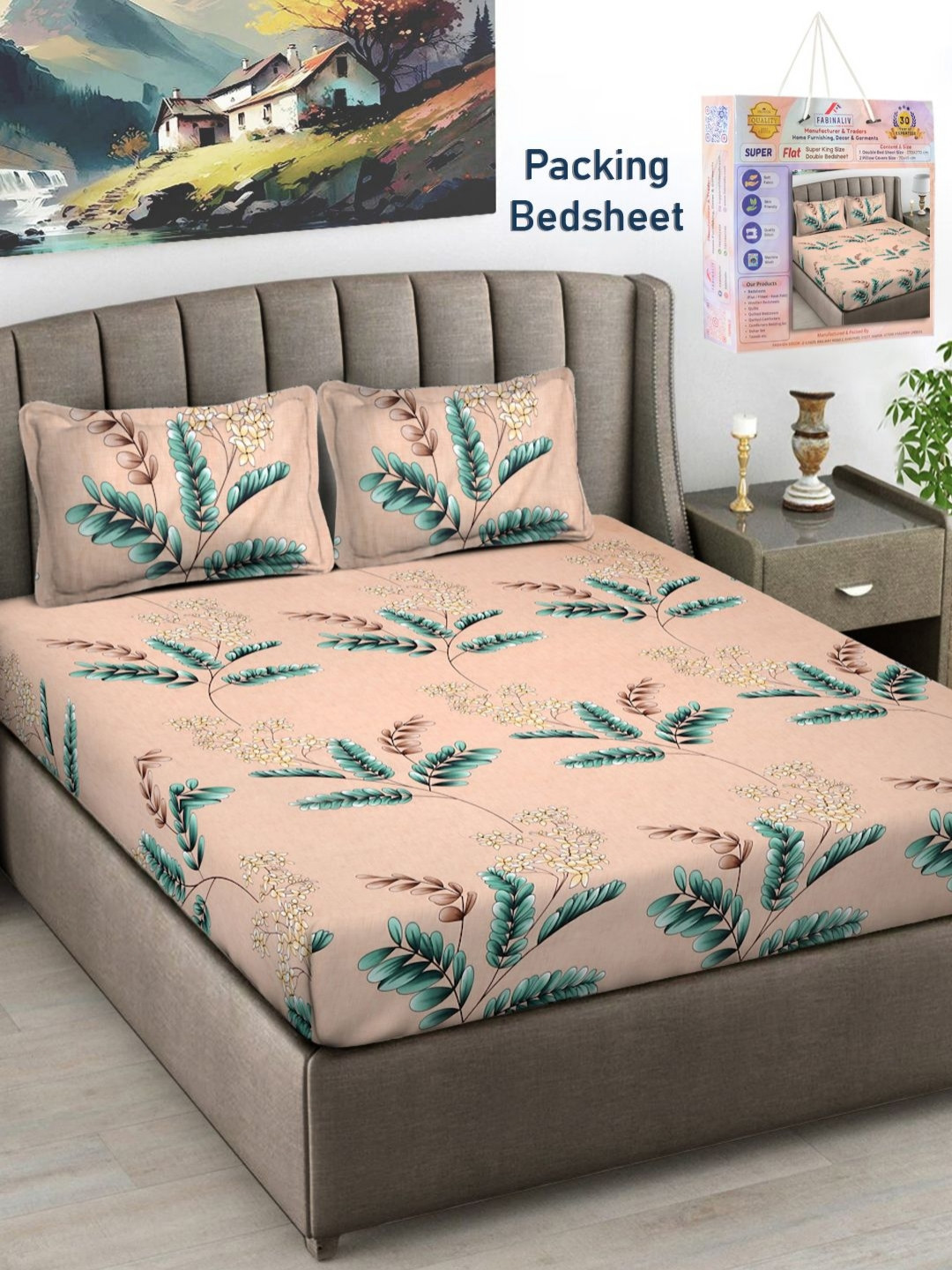 

FABINALIV Peach & Green Floral 300 TC King Bedsheet With 2 Pillow Covers