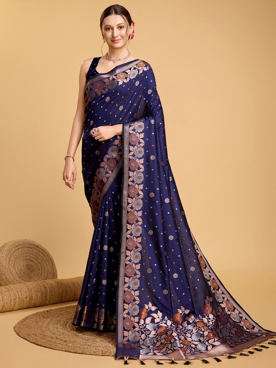 

SHOBHA SAREES Woven Design Zari Pure Silk Banarasi Saree, Navy blue