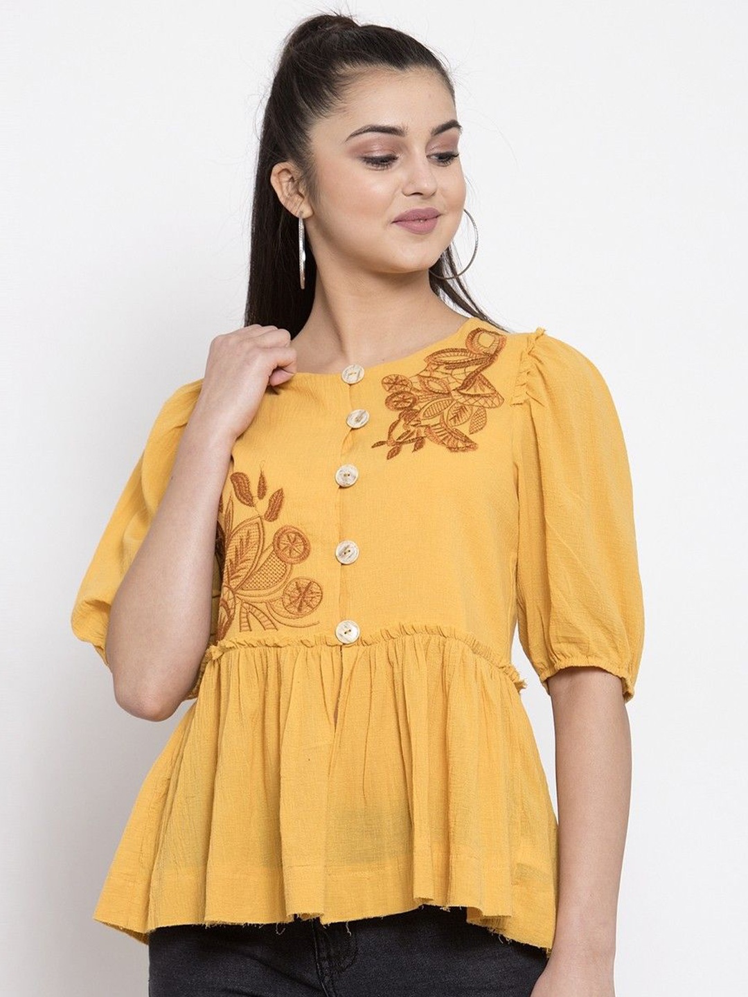 

Global Republic Women Solid Embroidered Round Neck Top, Yellow