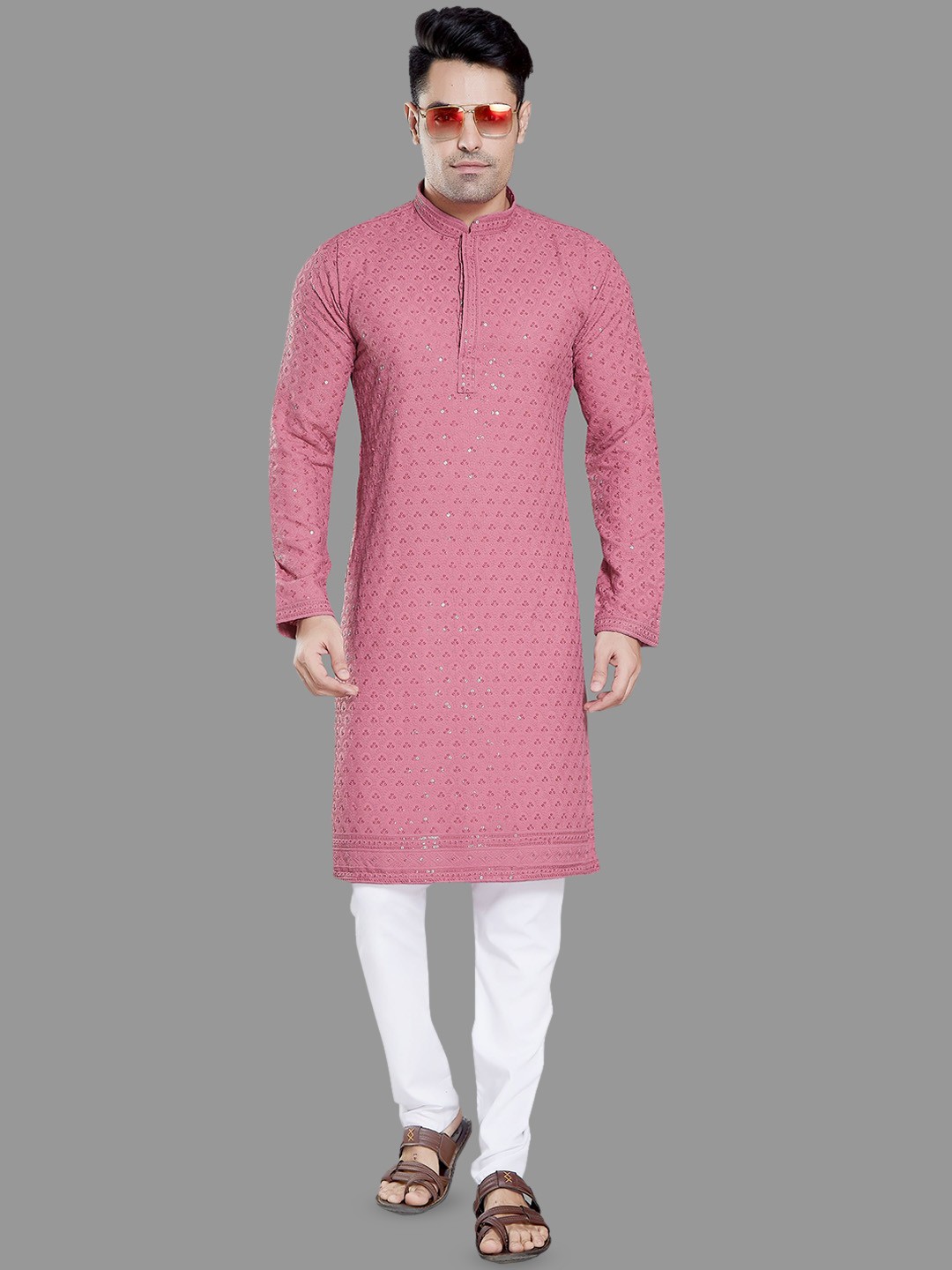 

DIVISIVE Ethnic Motifs Embroidered Mandarin Collar Sequinned Straight Kurta, Pink