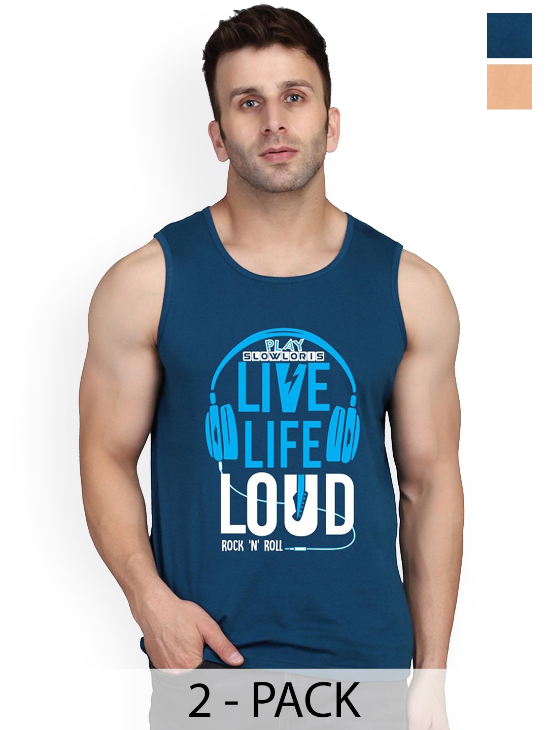 

SLOWLORIS Pack Of 2 Men Printed Innerwear Gym Vests, Teal
