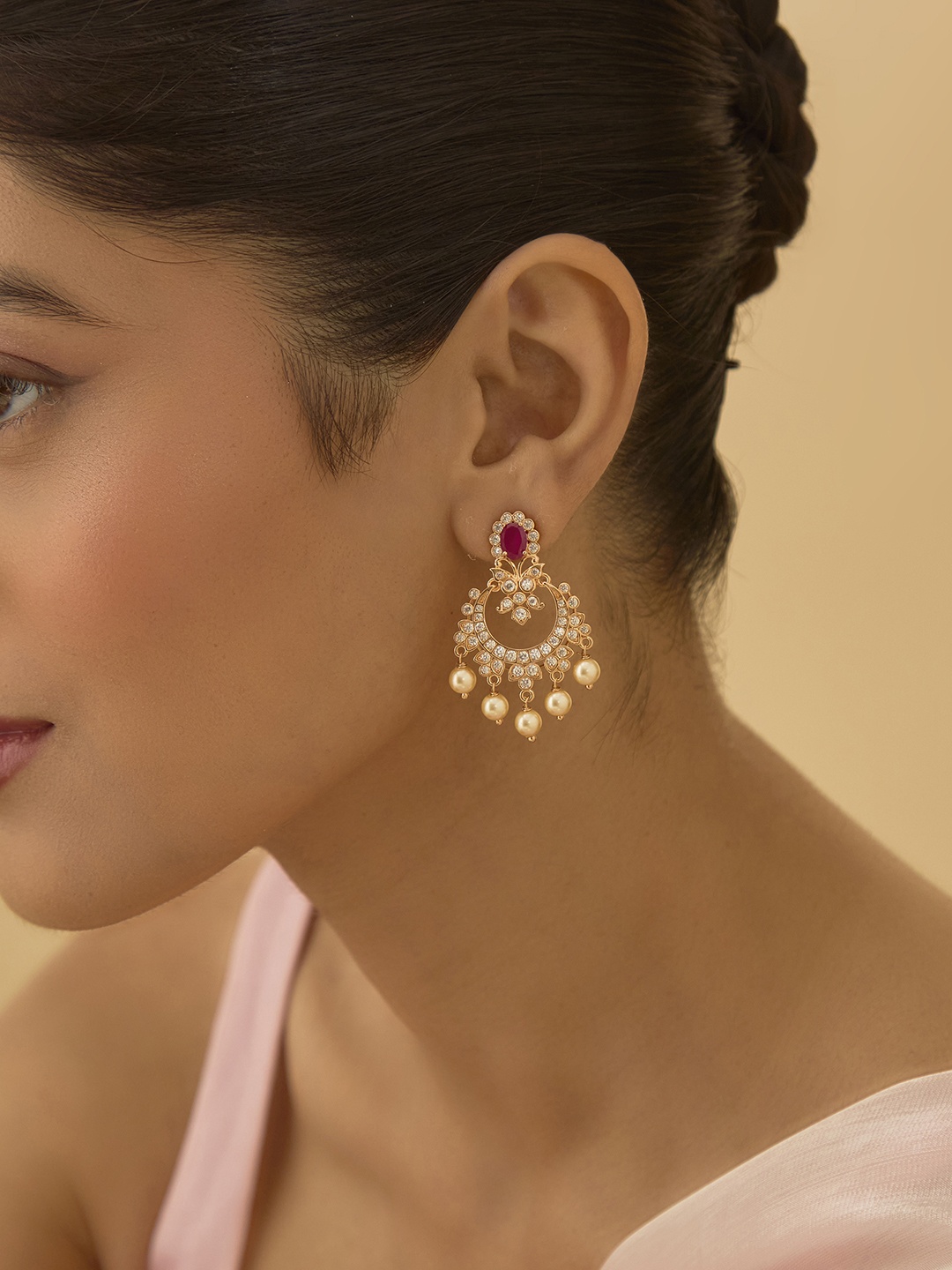 

Kushal's Fashion Jewellery Gold-Plated CZ Stone Studded Classic Chandbalis