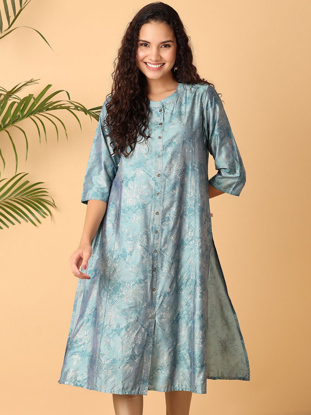 

UNLIMITED Ethnic Motifs Printed Mandarin Collar Flared A-Line Kurta, Teal