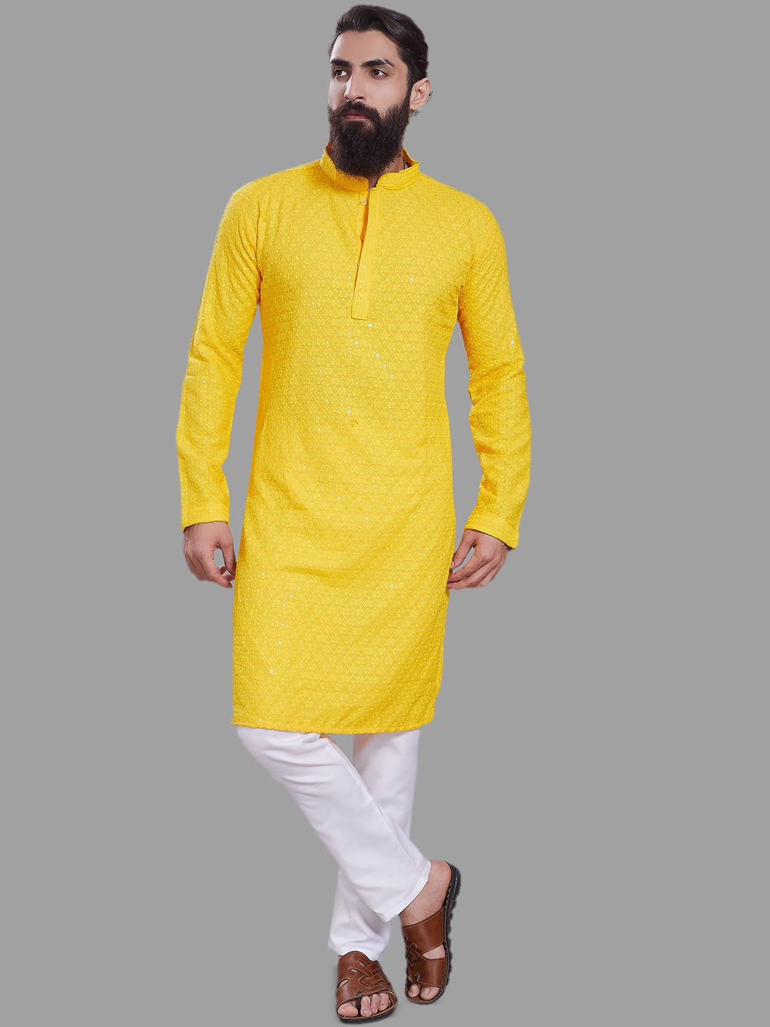 

DIVISIVE Floral Embroidered Mandarin Collar Sequinned Straight Kurta, Yellow