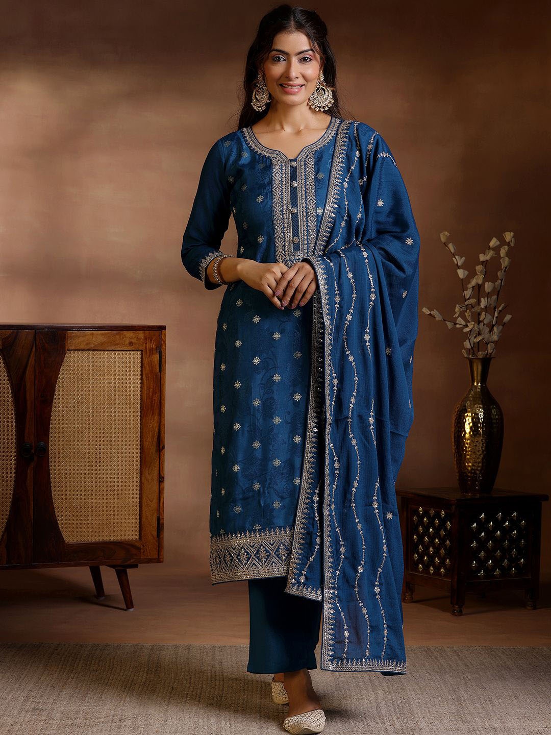 

Libas Floral Woven Design Zari Thread Work Straight Kurta With Palazzos & Dupatta, Teal
